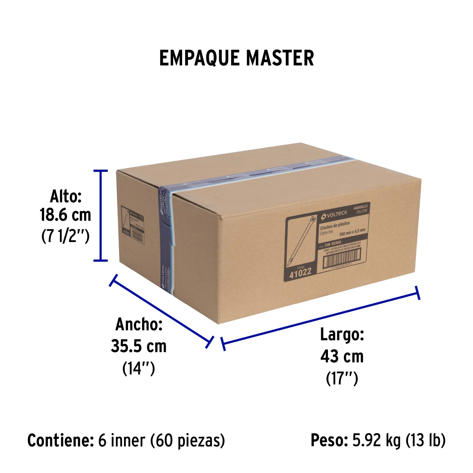 Bolsa con 50 cinchos plásticos 50 lb, 300 x 4.5 mm, amarillo - Empaque
