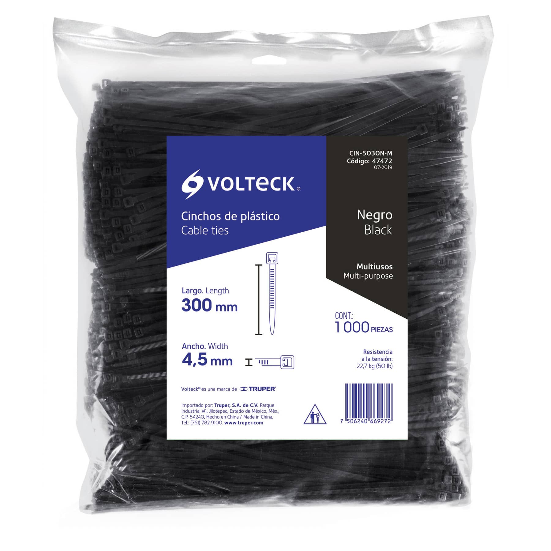 Bolsa con 1000 cinchos plásticos 50 lb, 300 x 4.5 mm, negro