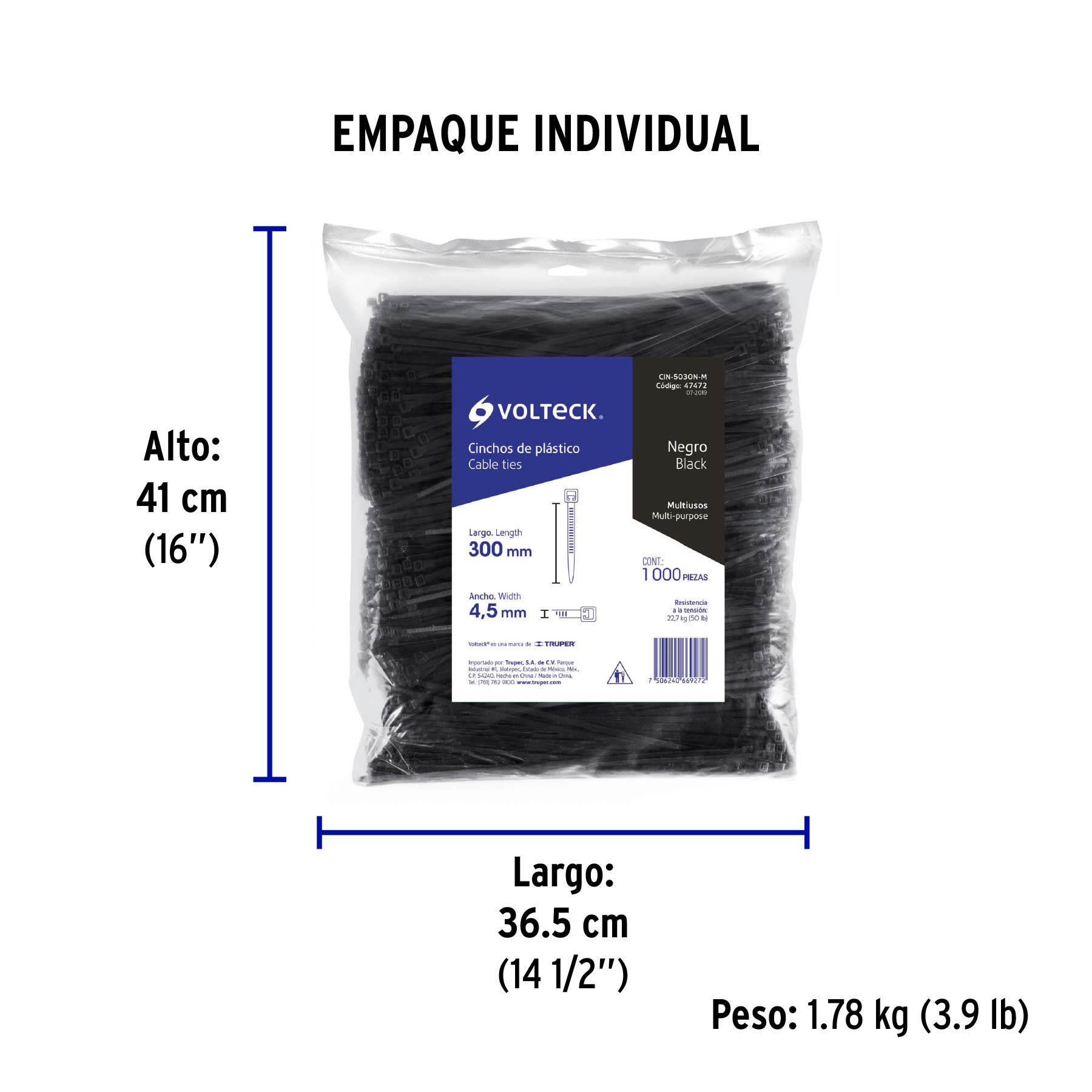 Bolsa con 1000 cinchos plásticos 50 lb, 300 x 4.5 mm, negro - Empaque