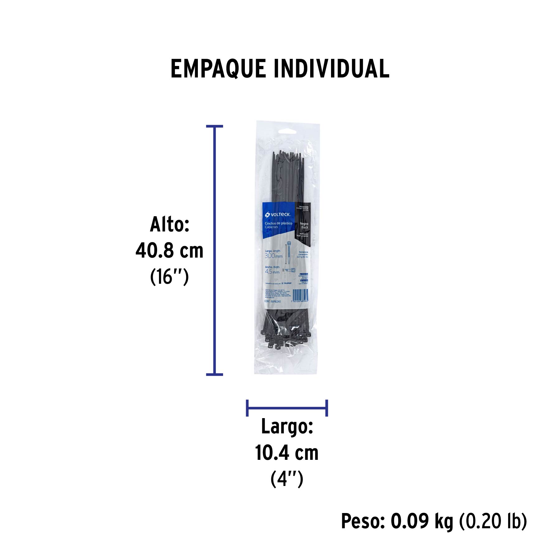 Bolsa con 50 cinchos plásticos 50 lb, 300 x 4.5 mm, negro - Empaque