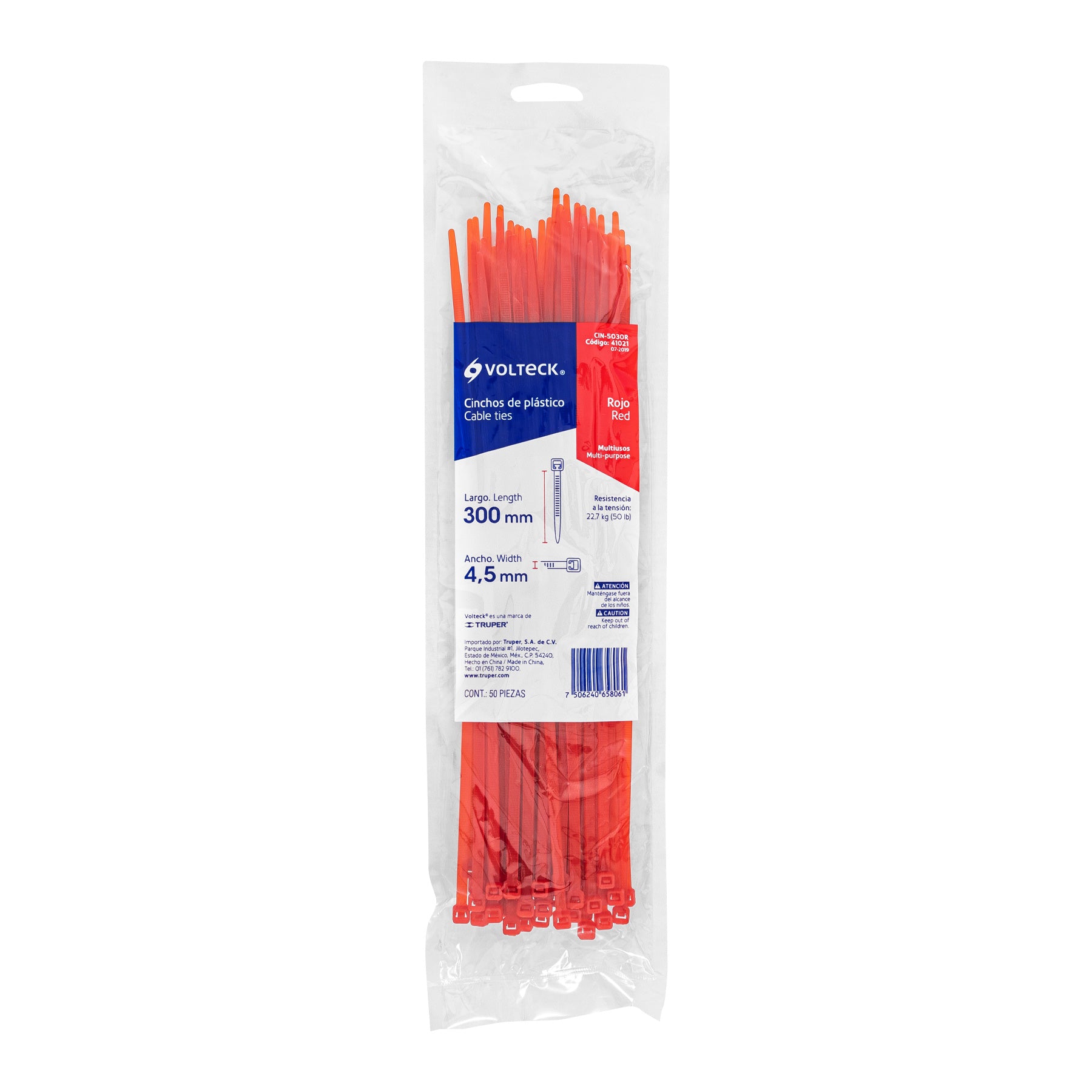Bolsa con 50 cinchos plásticos 50 lb, 300 x 4.5 mm, rojo