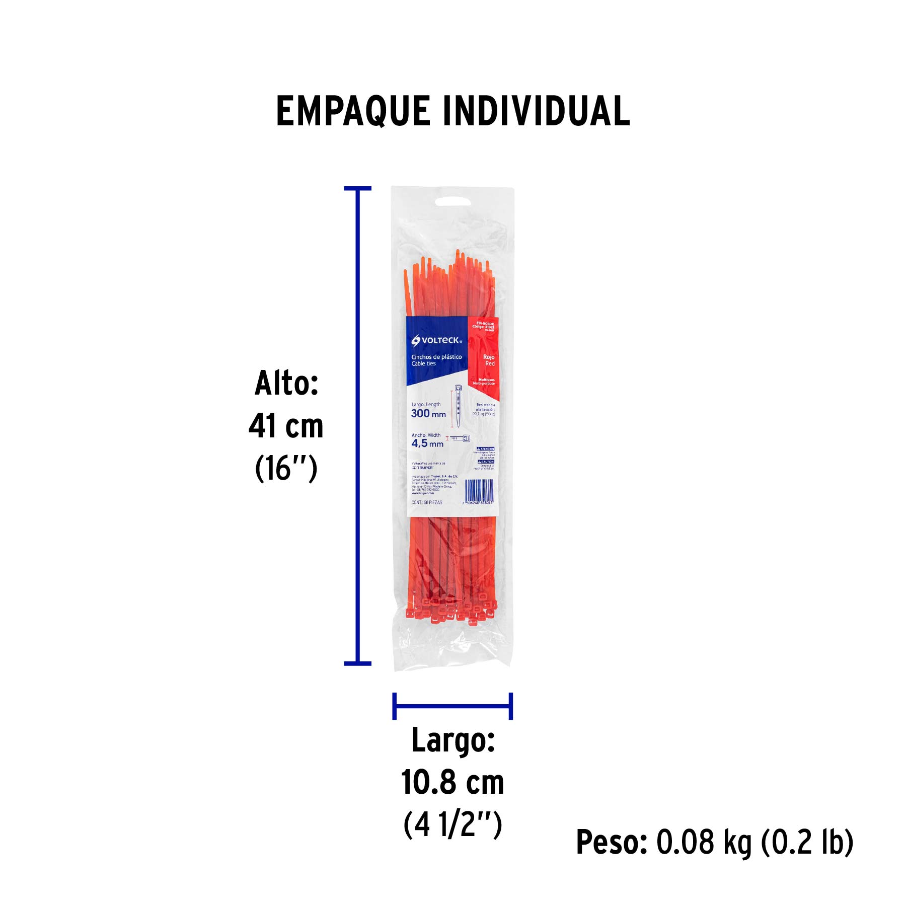 Bolsa con 50 cinchos plásticos 50 lb, 300 x 4.5 mm, rojo - Empaque