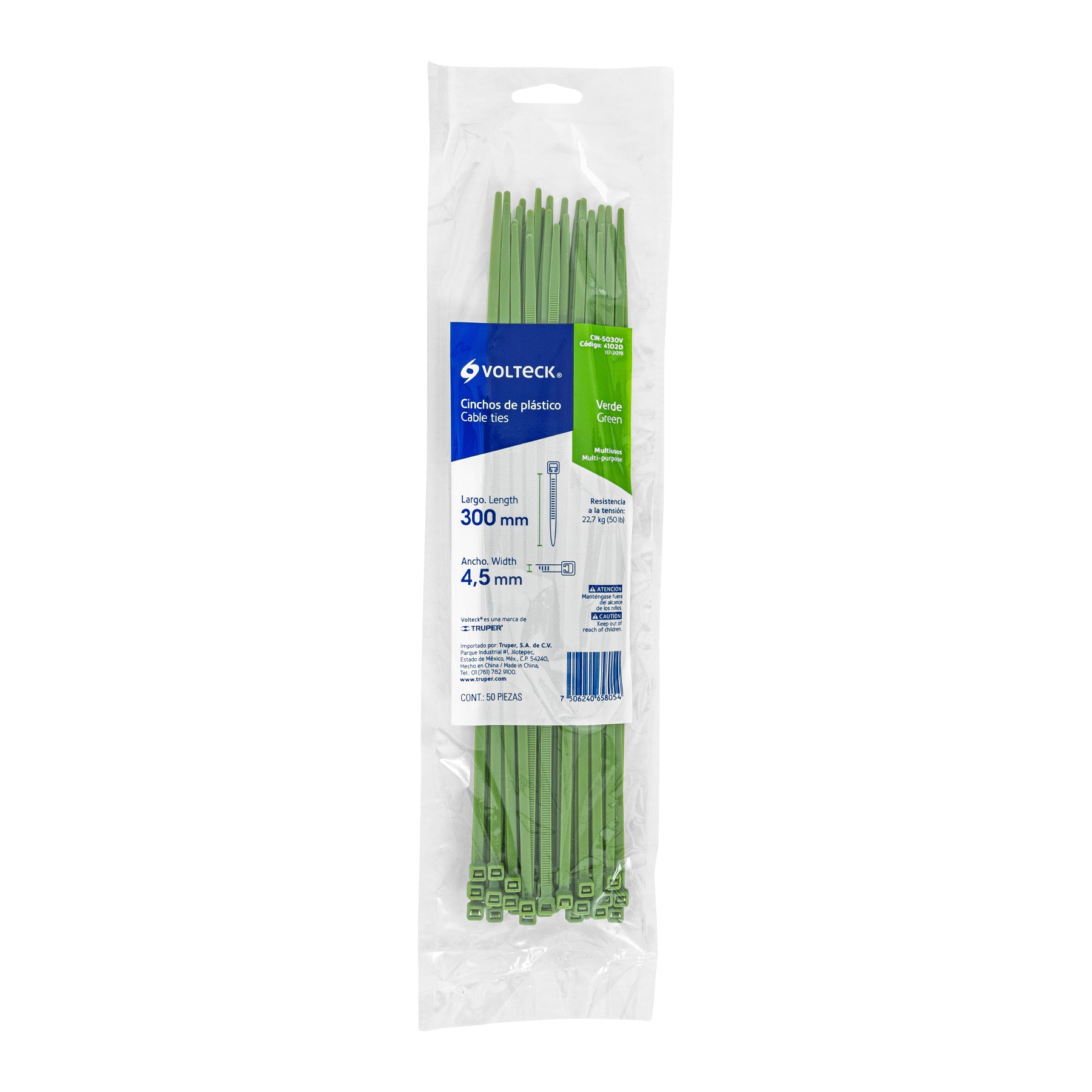 Bolsa con 50 cinchos plásticos 50 lb, 300 x 4.5 mm, verde
