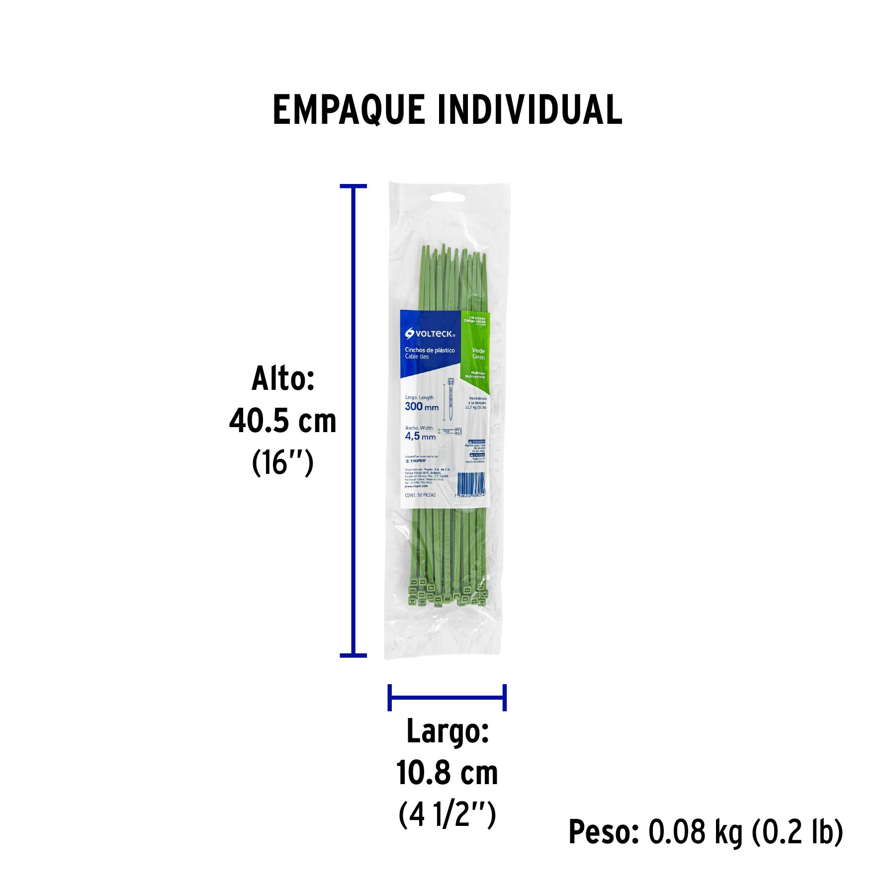 Bolsa con 50 cinchos plásticos 50 lb, 300 x 4.5 mm, verde - Empaque
