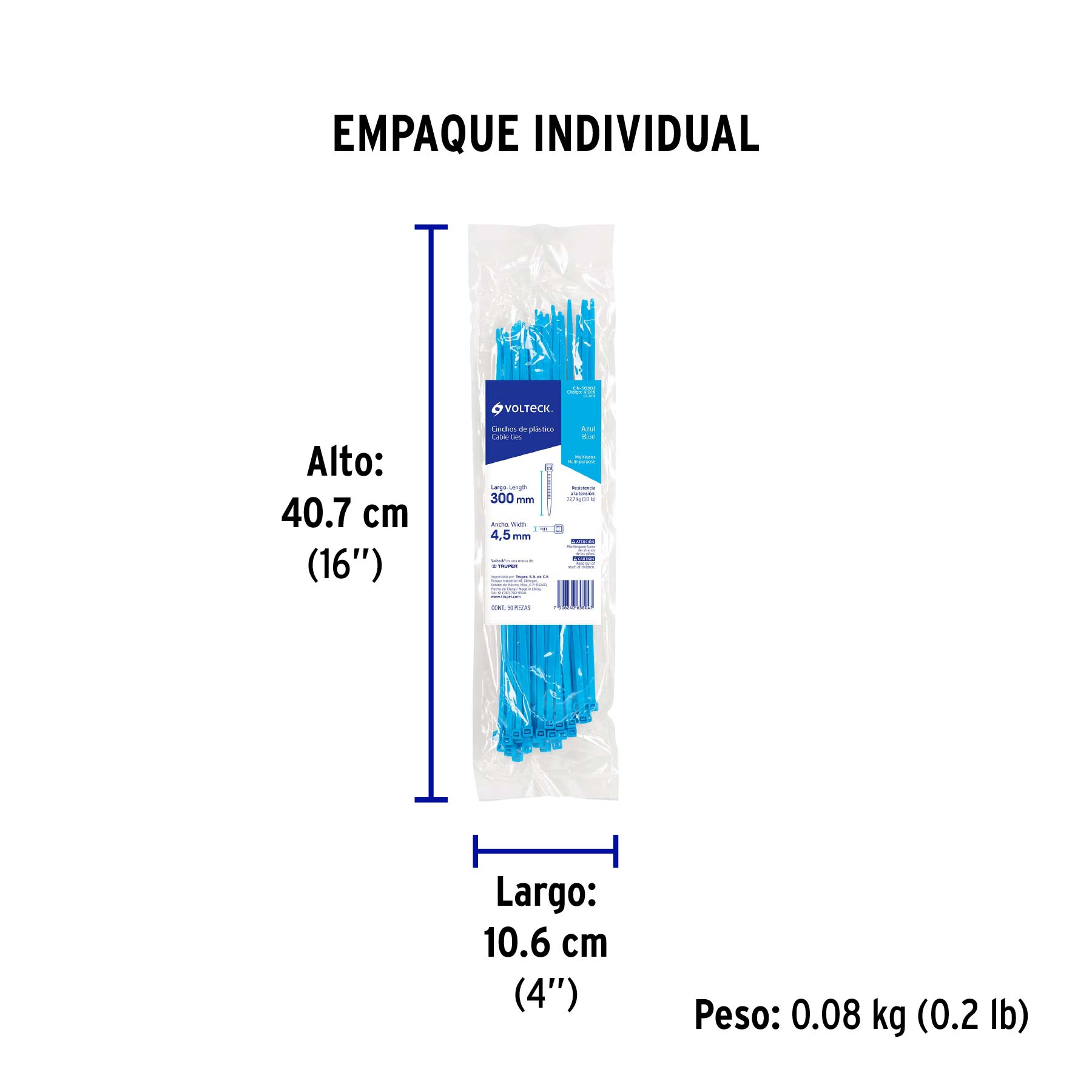 Bolsa con 50 cinchos plásticos 50 lb, 300 x 4.5 mm, azul - Empaque