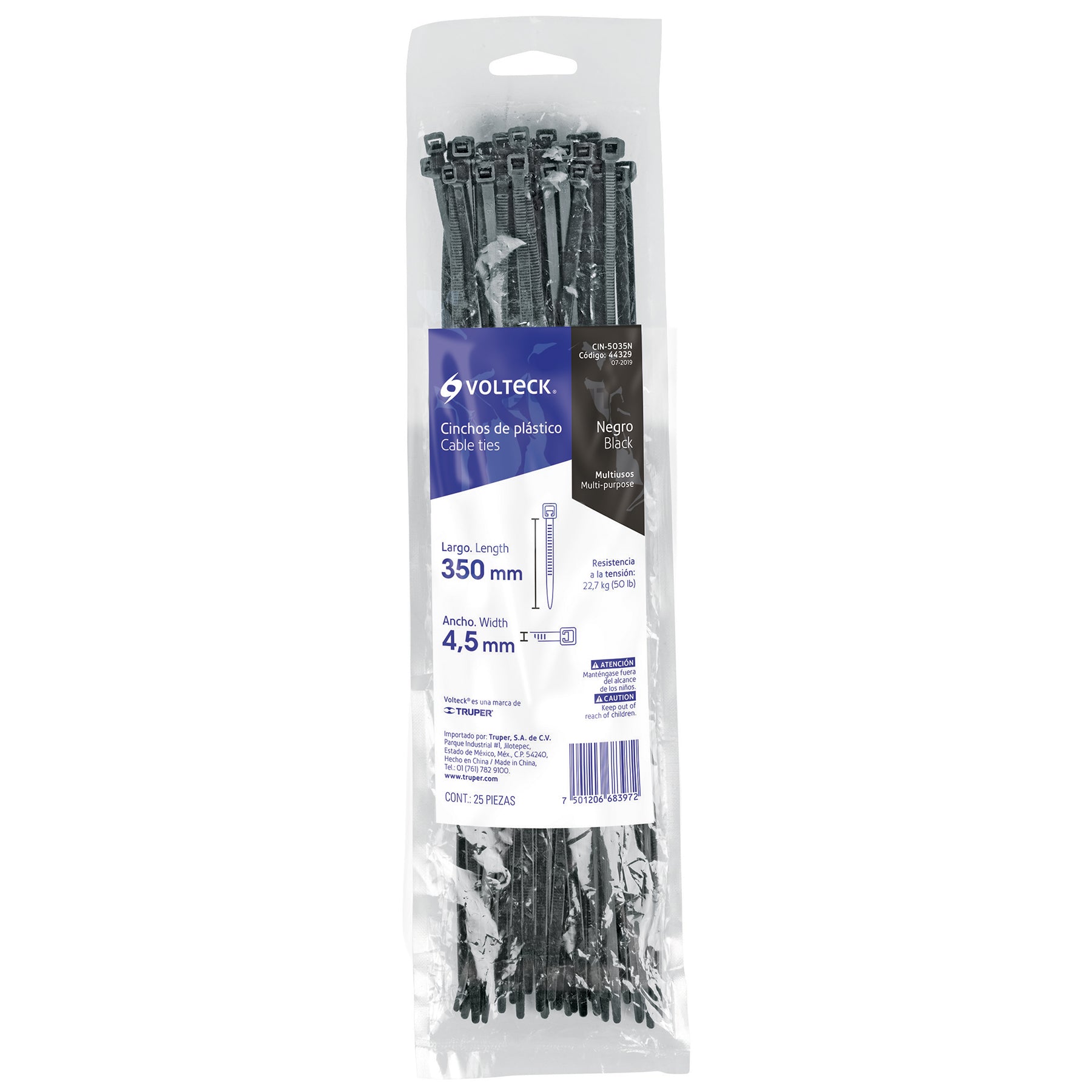Bolsa con 25 cinchos plásticos 50 lb, 350 x 4.5 mm, negro