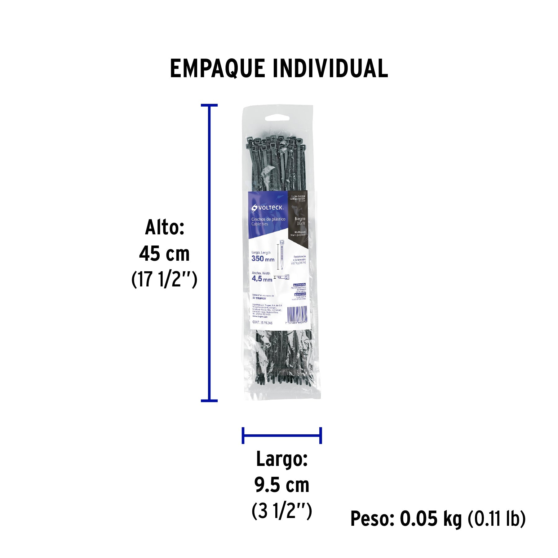 Bolsa con 25 cinchos plásticos 50 lb, 350 x 4.5 mm, negro - Empaque