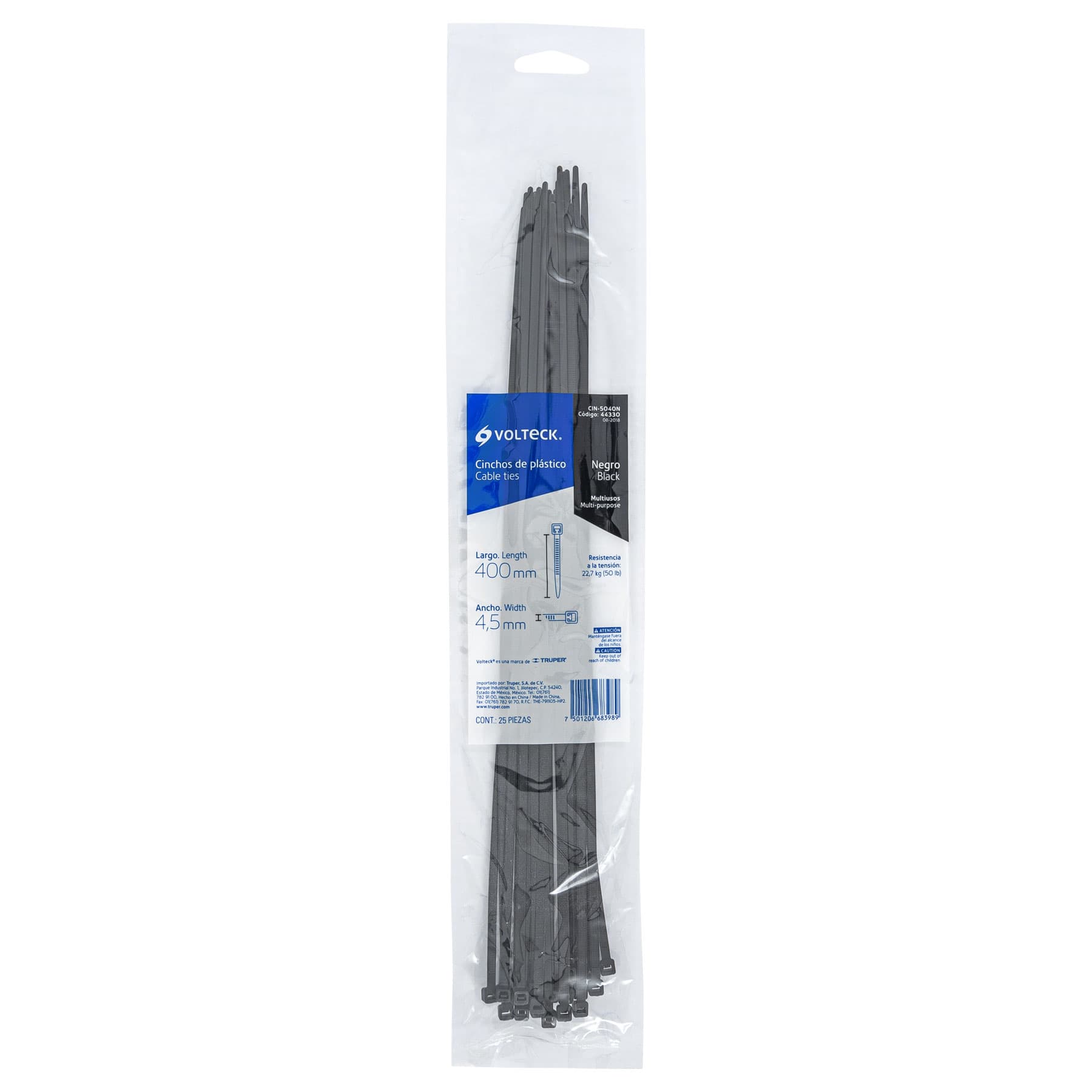 Bolsa con 25 cinchos plásticos 50 lb, 400 x 4.5 mm, negro