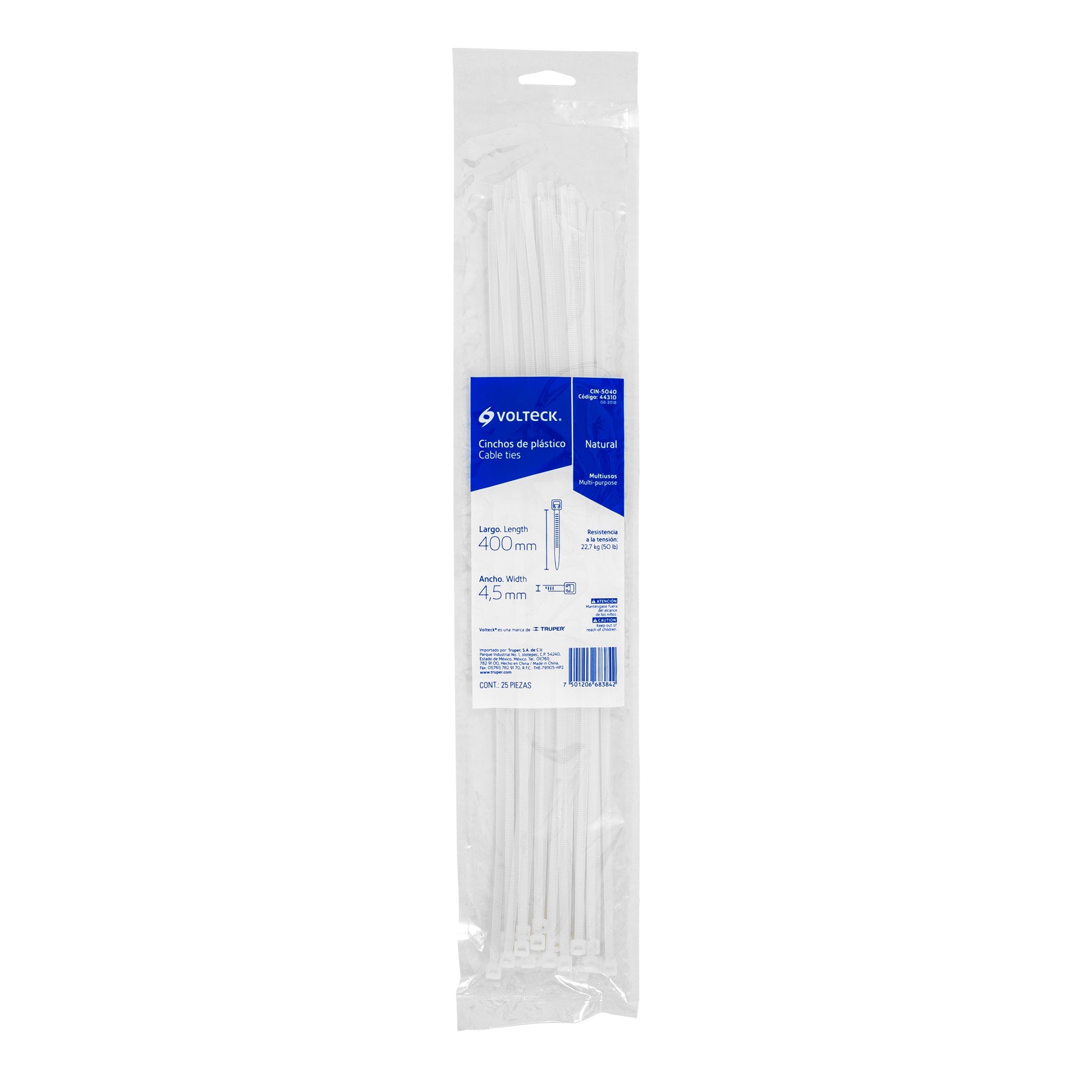 Bolsa con 25 cinchos plásticos 50 lb, 400 x 4.5 mm, natural