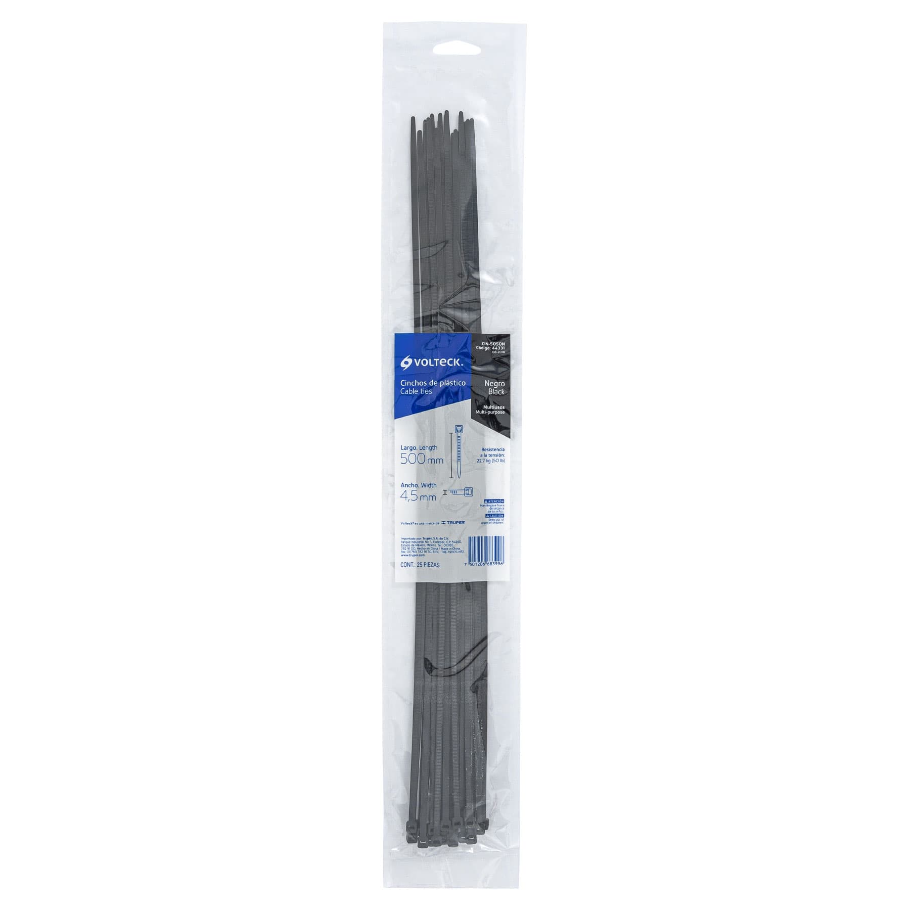 Bolsa con 25 cinchos plásticos 50 lb, 500 x 4.5 mm, negro