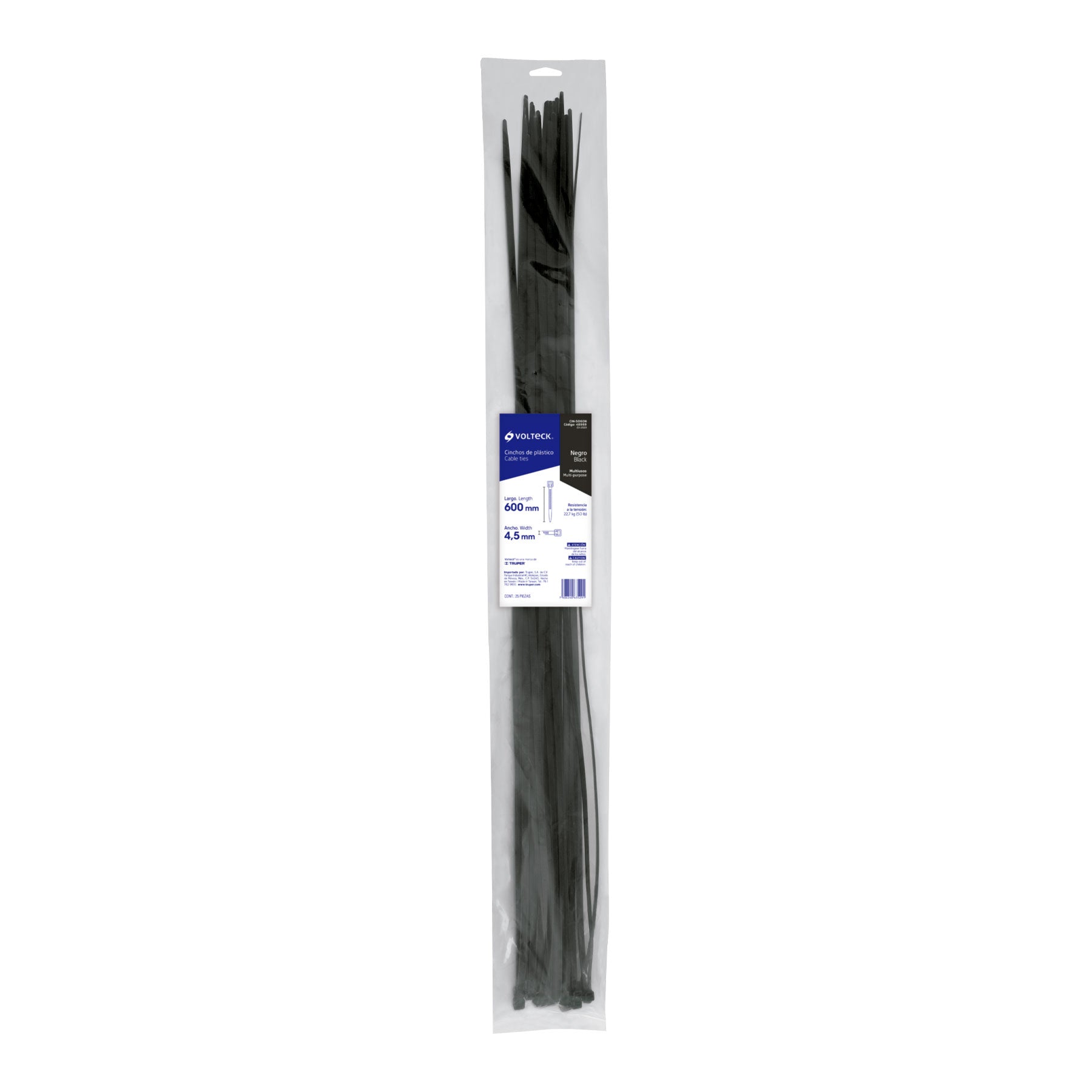 Bolsa con 25 cinchos plásticos 50 lb, 600 x 4.5 mm, negro