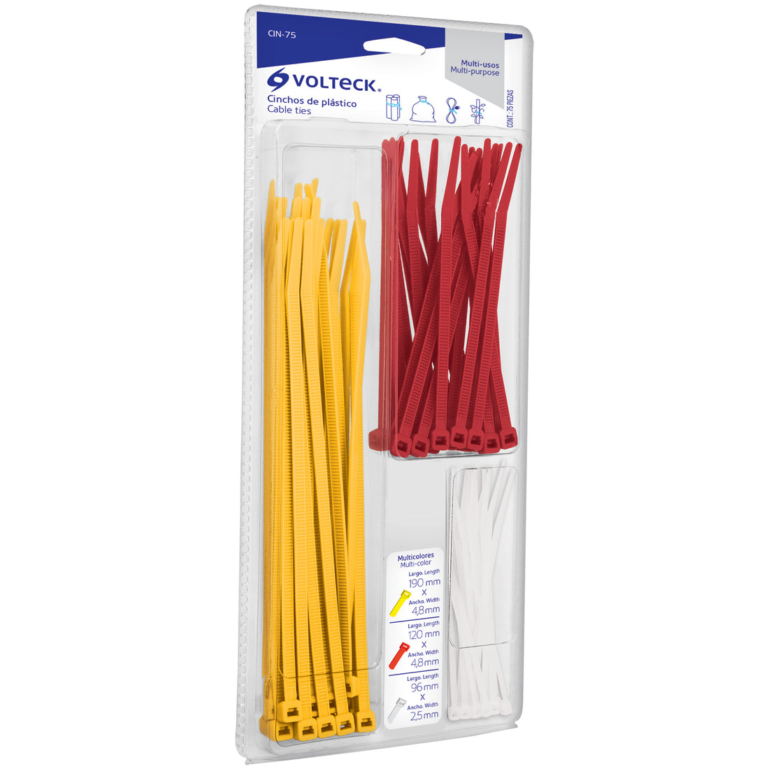 Blíster con 75 cinchos plásticos 50 lb en colores surtidos