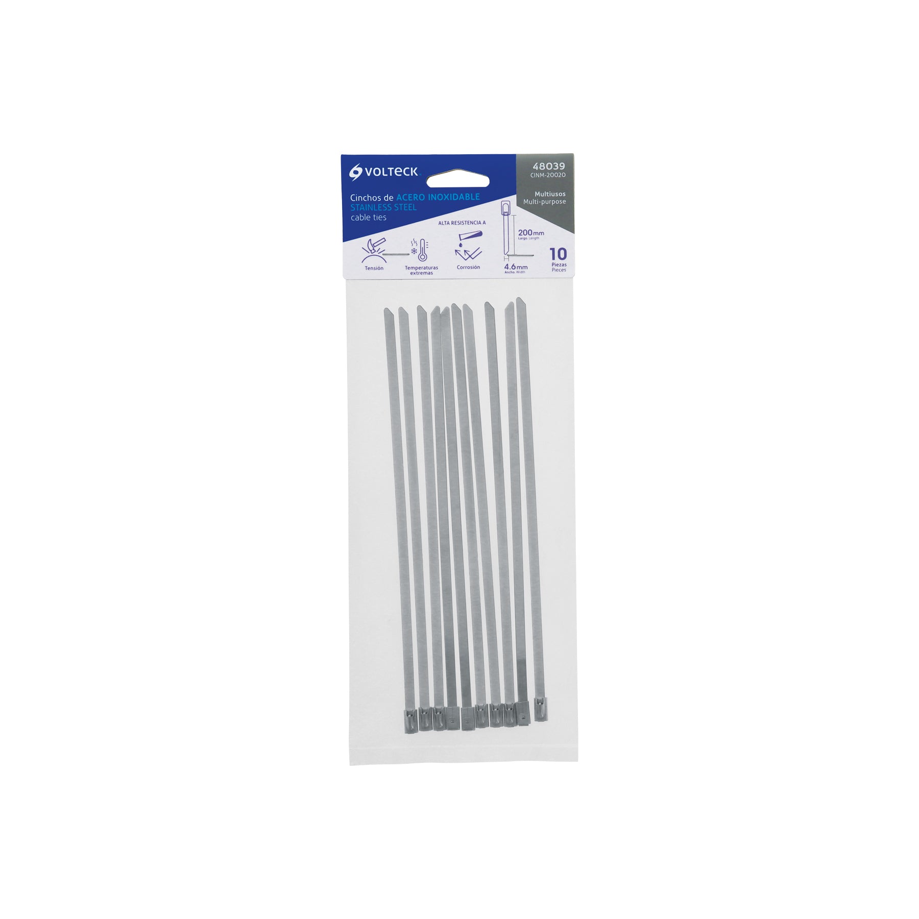 Bolsa con 10 cinchos de 20 cm,acero inoxidable,99 lb,VOLTECK