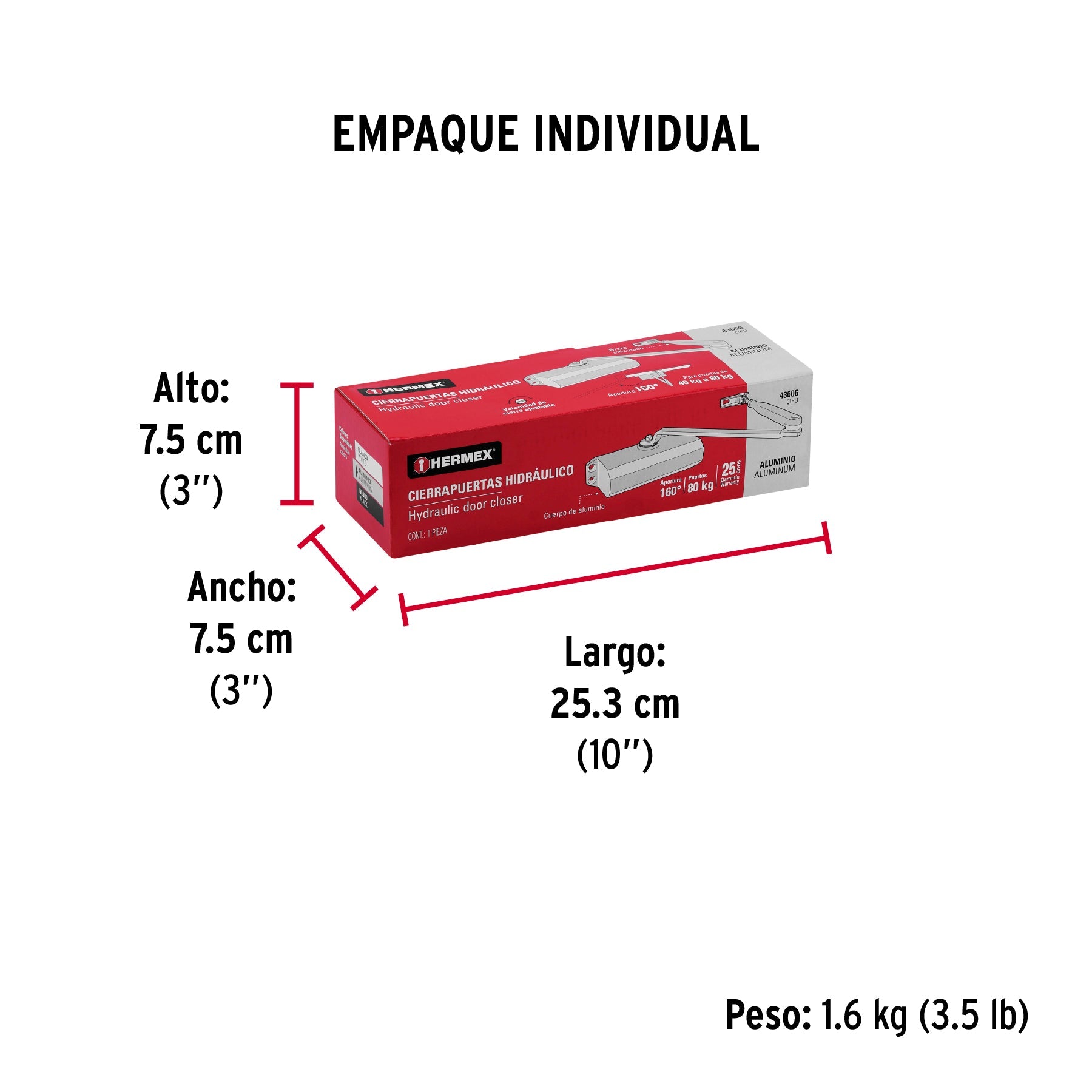 Cierrapuertas hidráulico color aluminio, HERMEX - Empaque