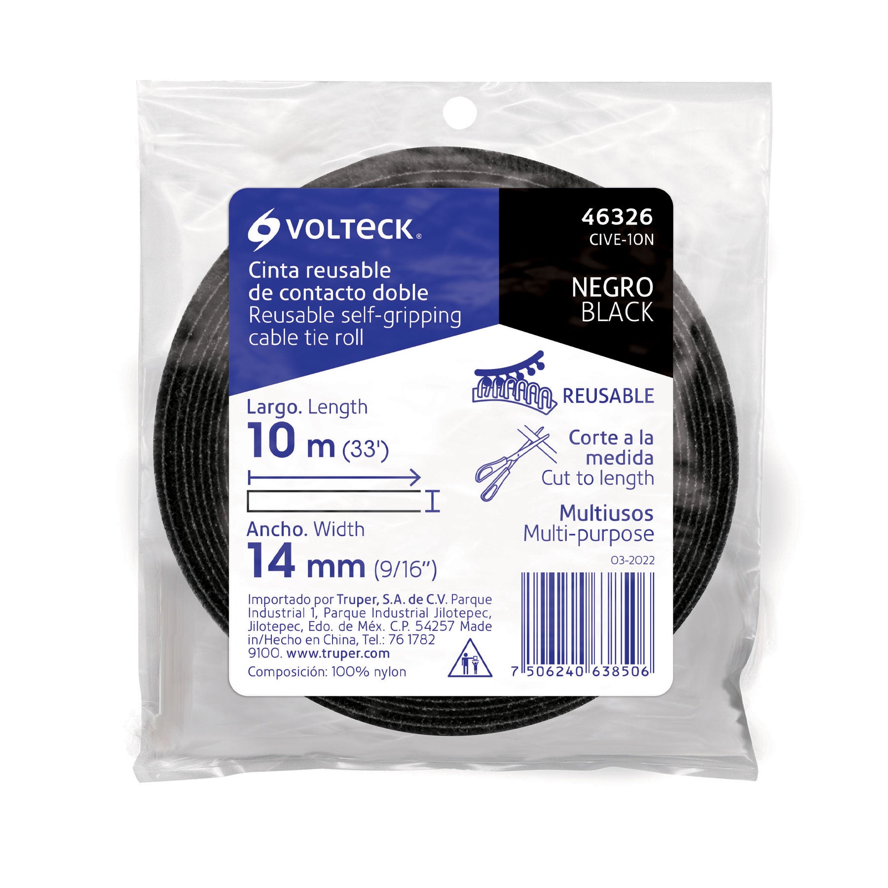 Rollo de 10 m de cinta reusable de contacto doble, VOLTECK