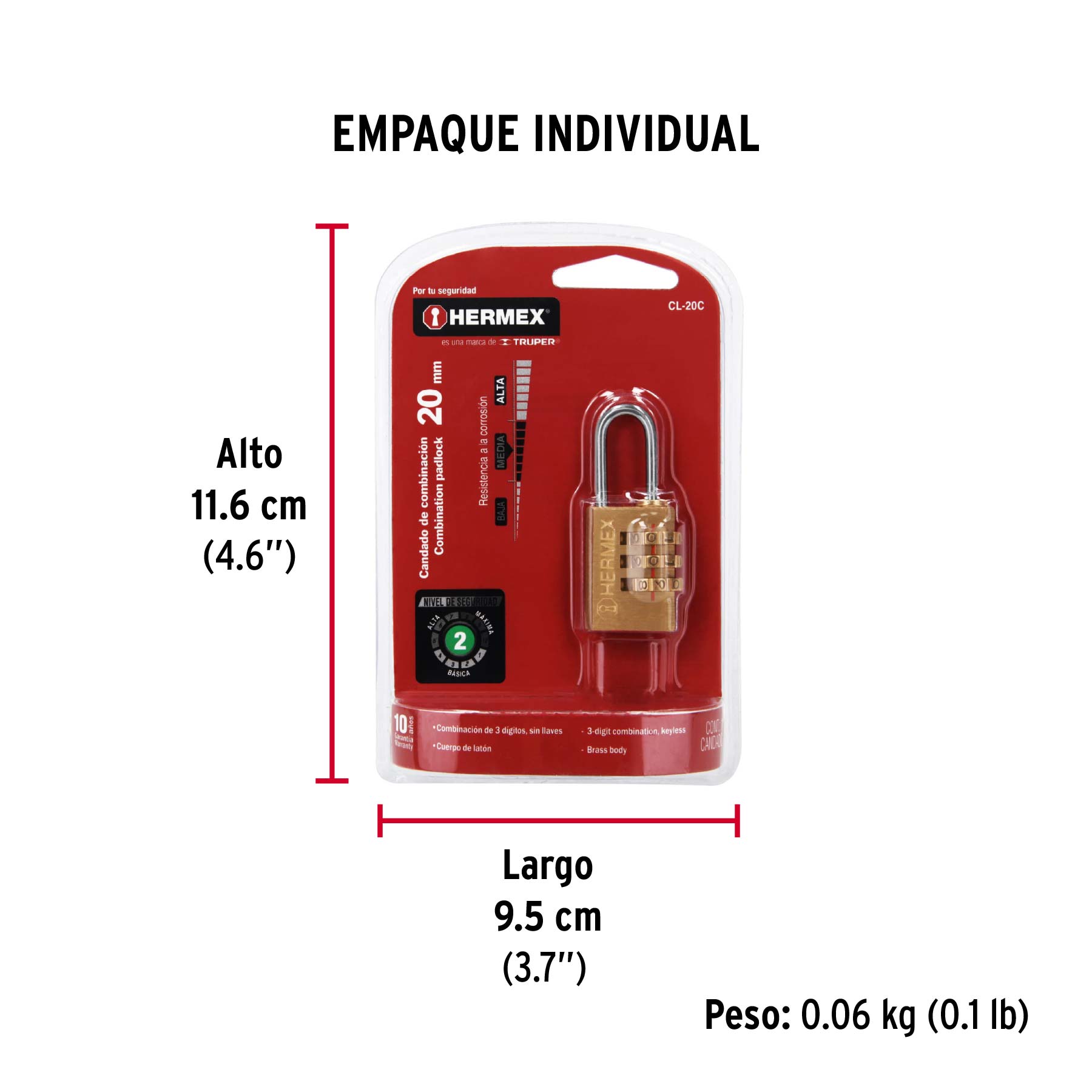 Candado de combinación 20 mm cuerpo de latón en blíster - Empaque