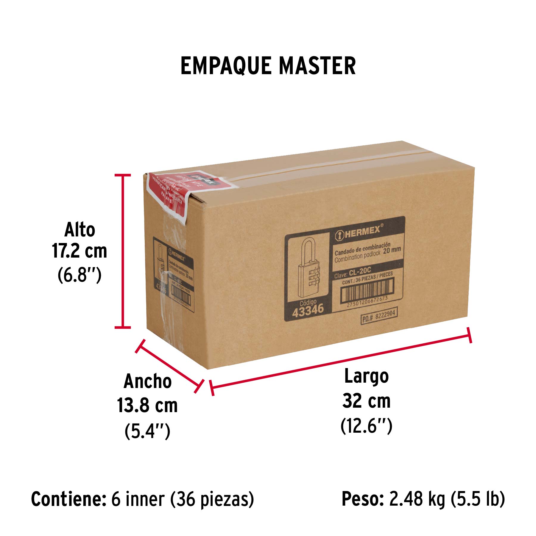 Candado de combinación 20 mm cuerpo de latón en blíster - Empaque