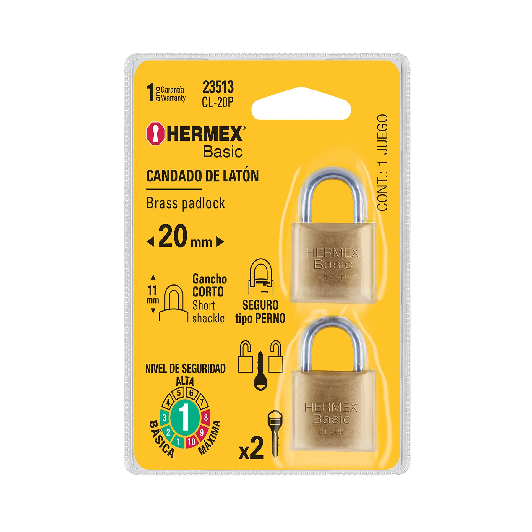 Blíster con 2 candados de latón de 20mm, HERMEX BASIC