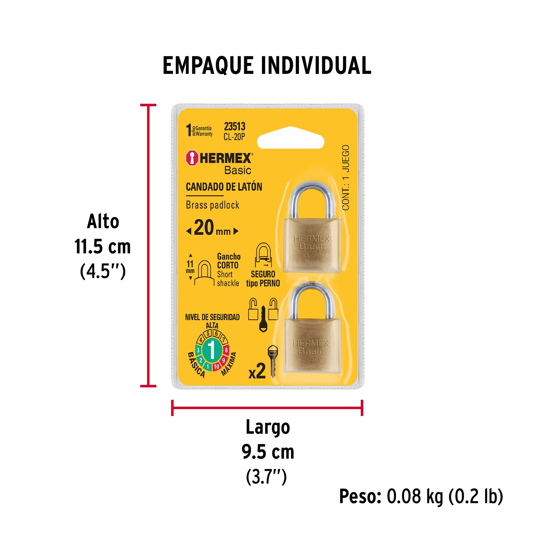 Blíster con 2 candados de latón de 20mm, HERMEX BASIC - Empaque