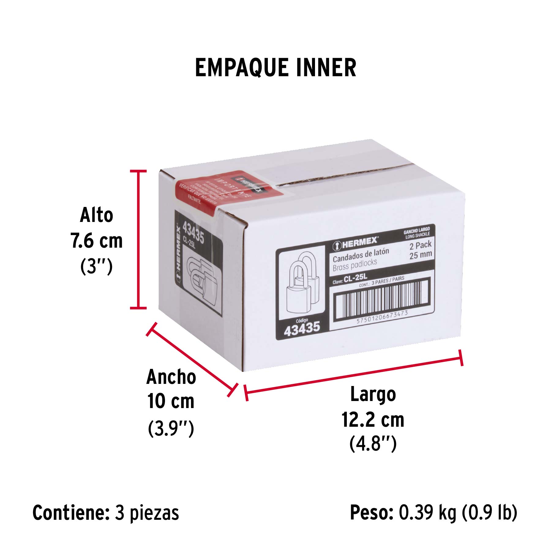 Blíster con 2 candados de latón de 25mm con gancho largo - Empaque