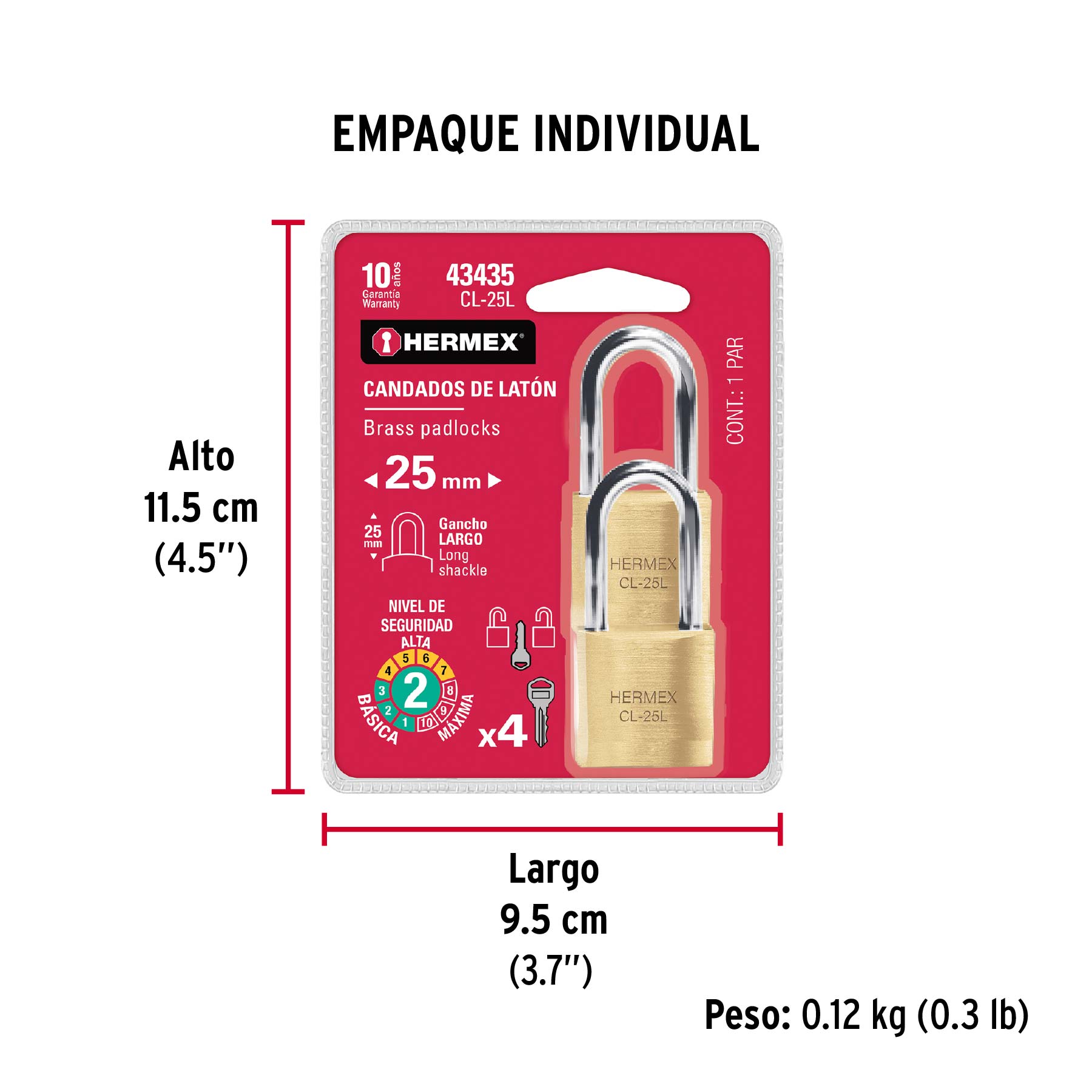 Blíster con 2 candados de latón de 25mm con gancho largo - Empaque