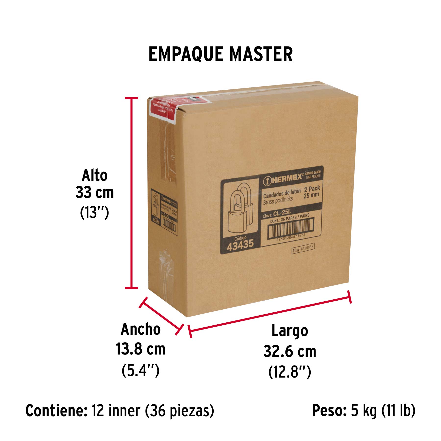 Blíster con 2 candados de latón de 25mm con gancho largo - Empaque