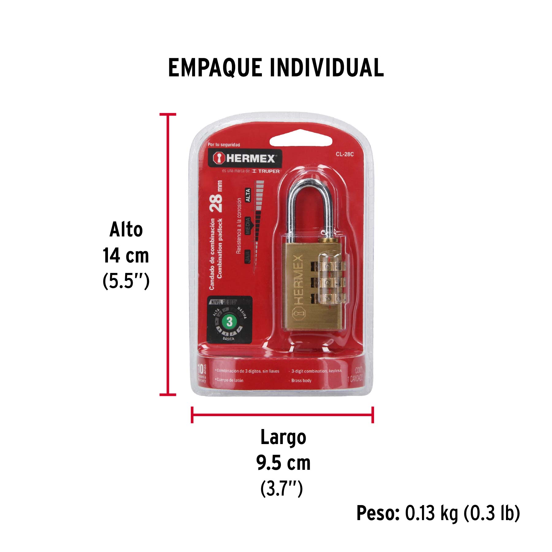 Candado de combinación 28 mm cuerpo de latón en blíster - Empaque