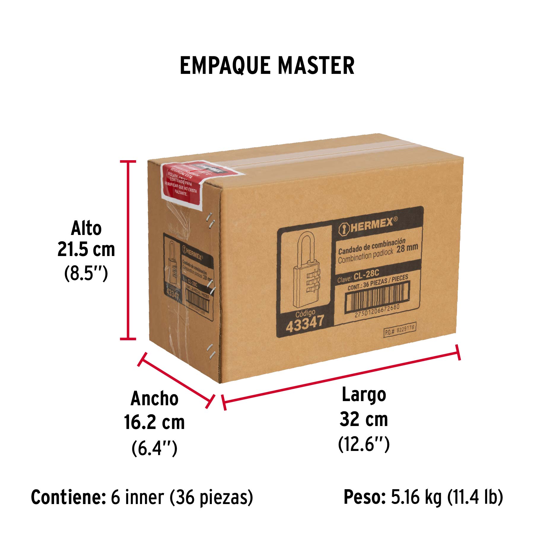 Candado de combinación 28 mm cuerpo de latón en blíster - Empaque