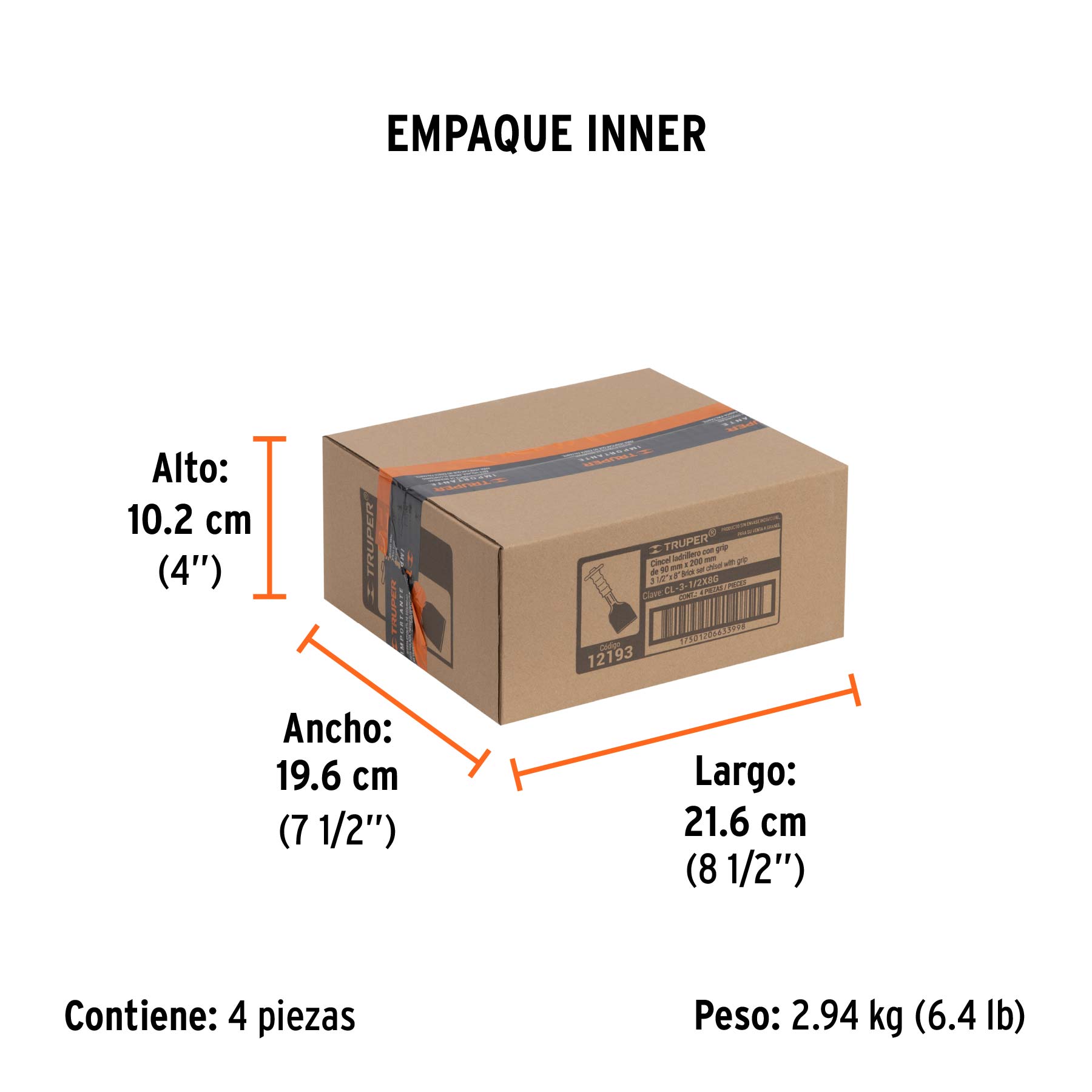 Cincel ladrillero 3-1/2 X 8" con grip, TRUPER - Empaque
