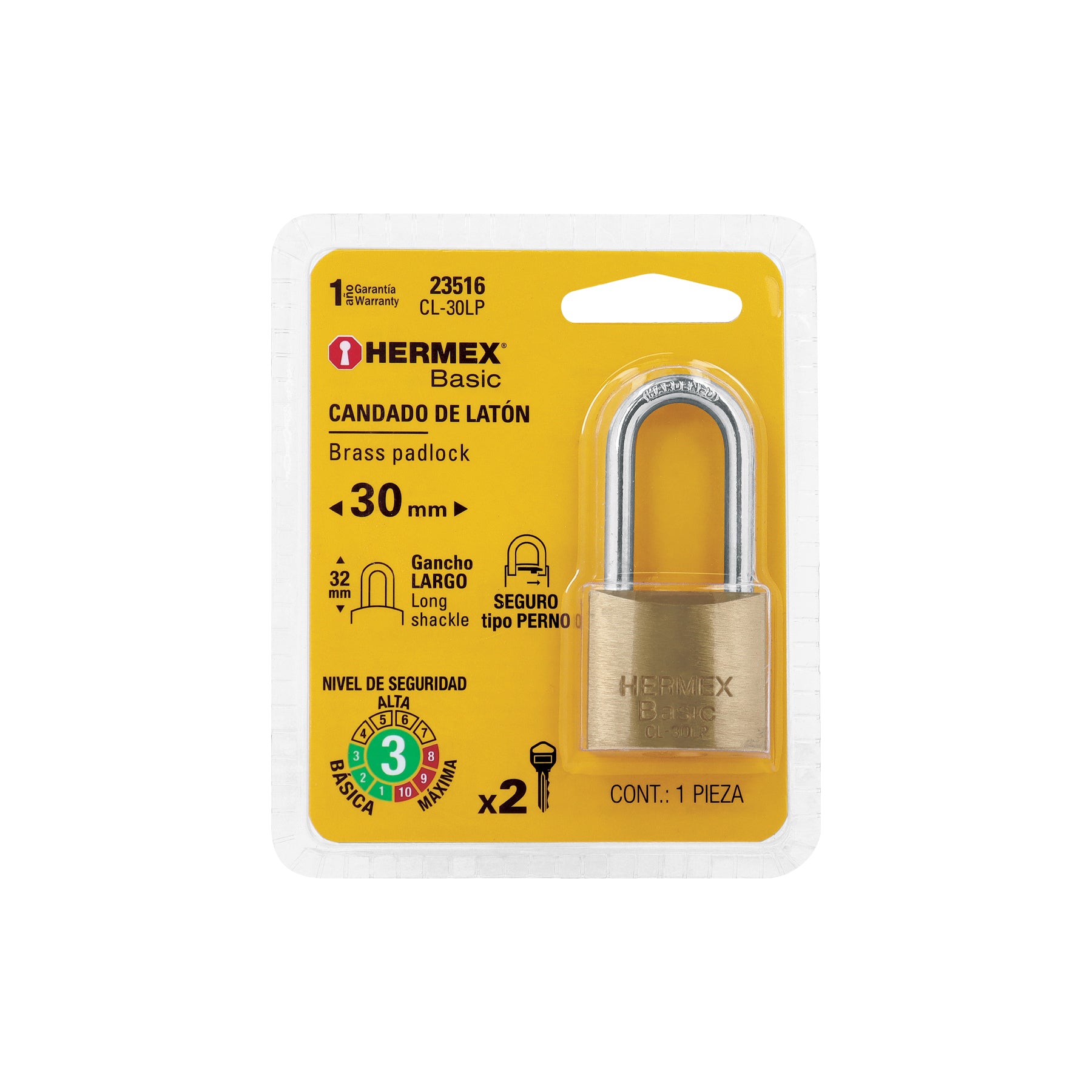 Candado de latón 30 mm gancho largo en blíster, HERMEX BASIC