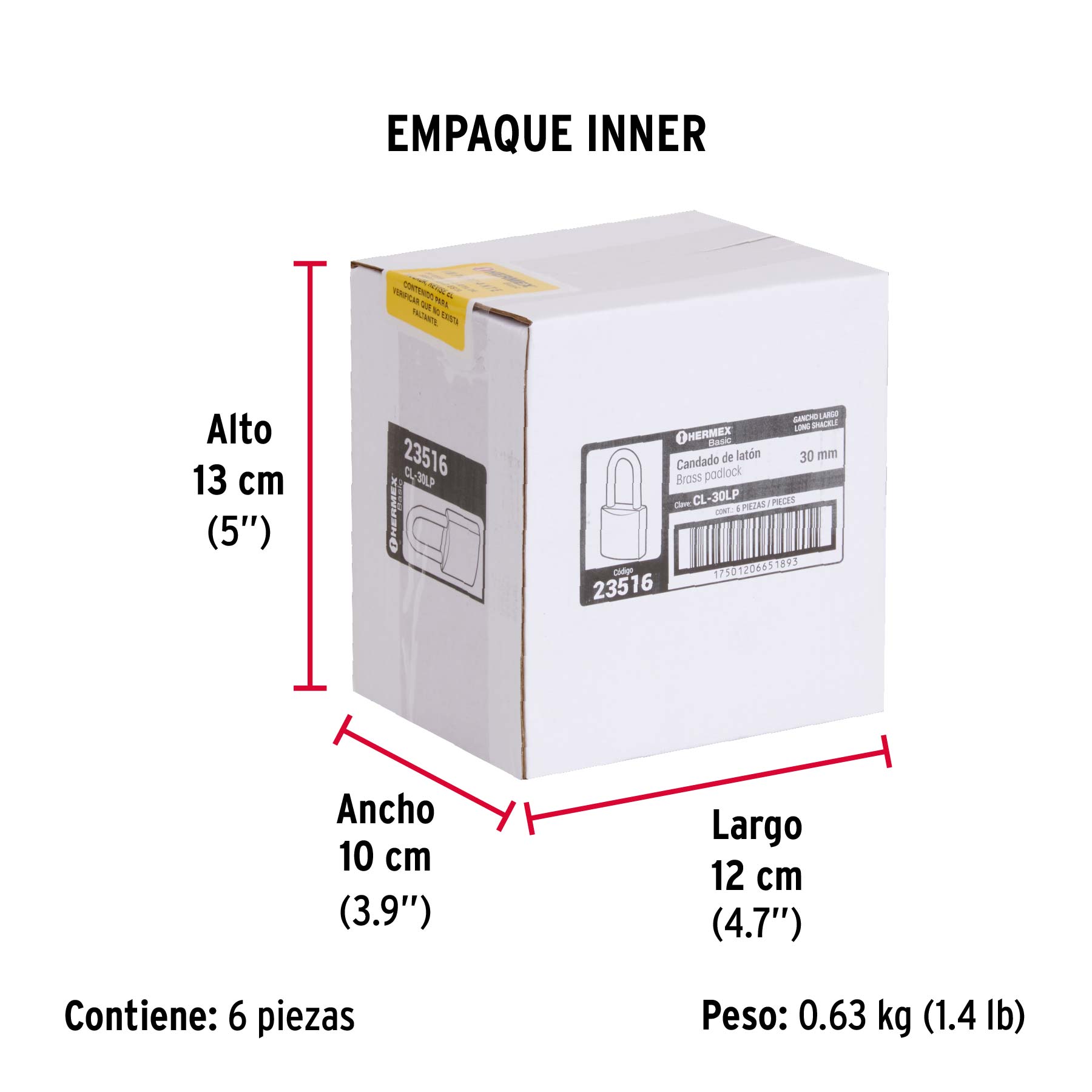 Candado de latón 30 mm gancho largo en blíster, HERMEX BASIC - Empaque