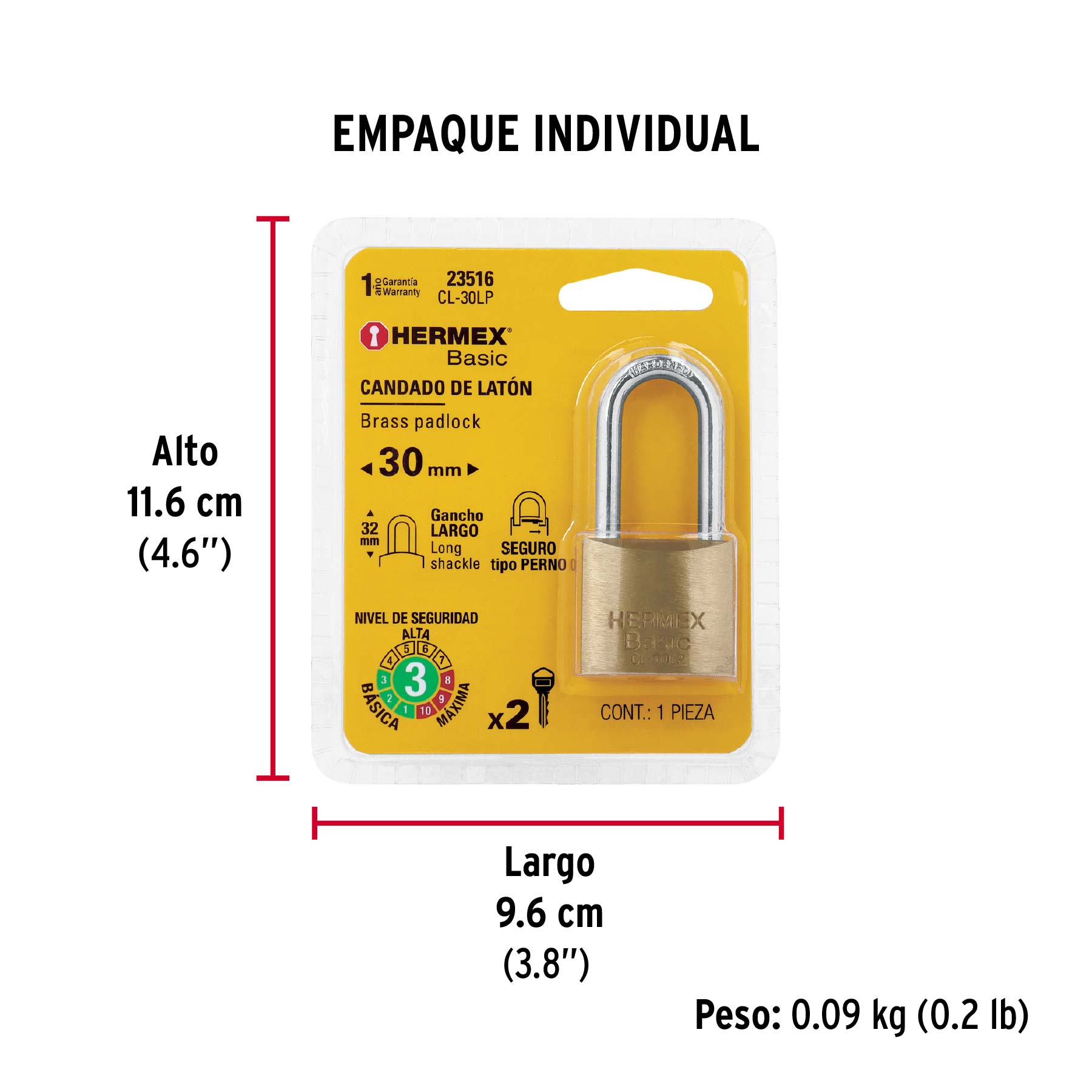 Candado de latón 30 mm gancho largo en blíster, HERMEX BASIC - Empaque