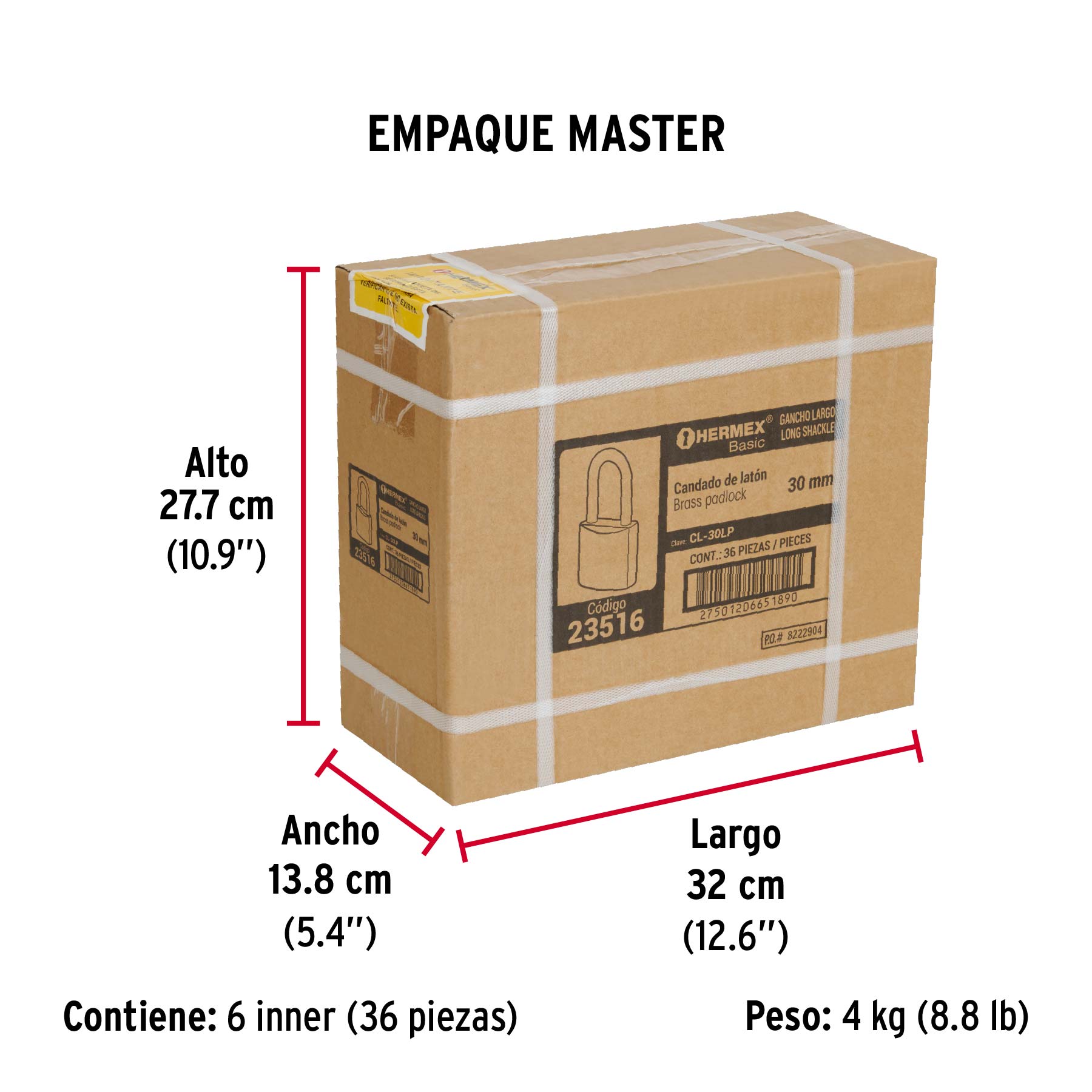 Candado de latón 30 mm gancho largo en blíster, HERMEX BASIC - Empaque
