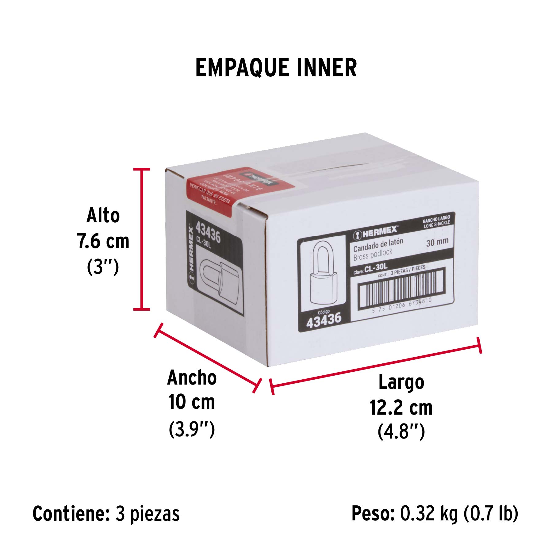 Candado de latón 30 mm gancho largo en blíster, HERMEX - Empaque