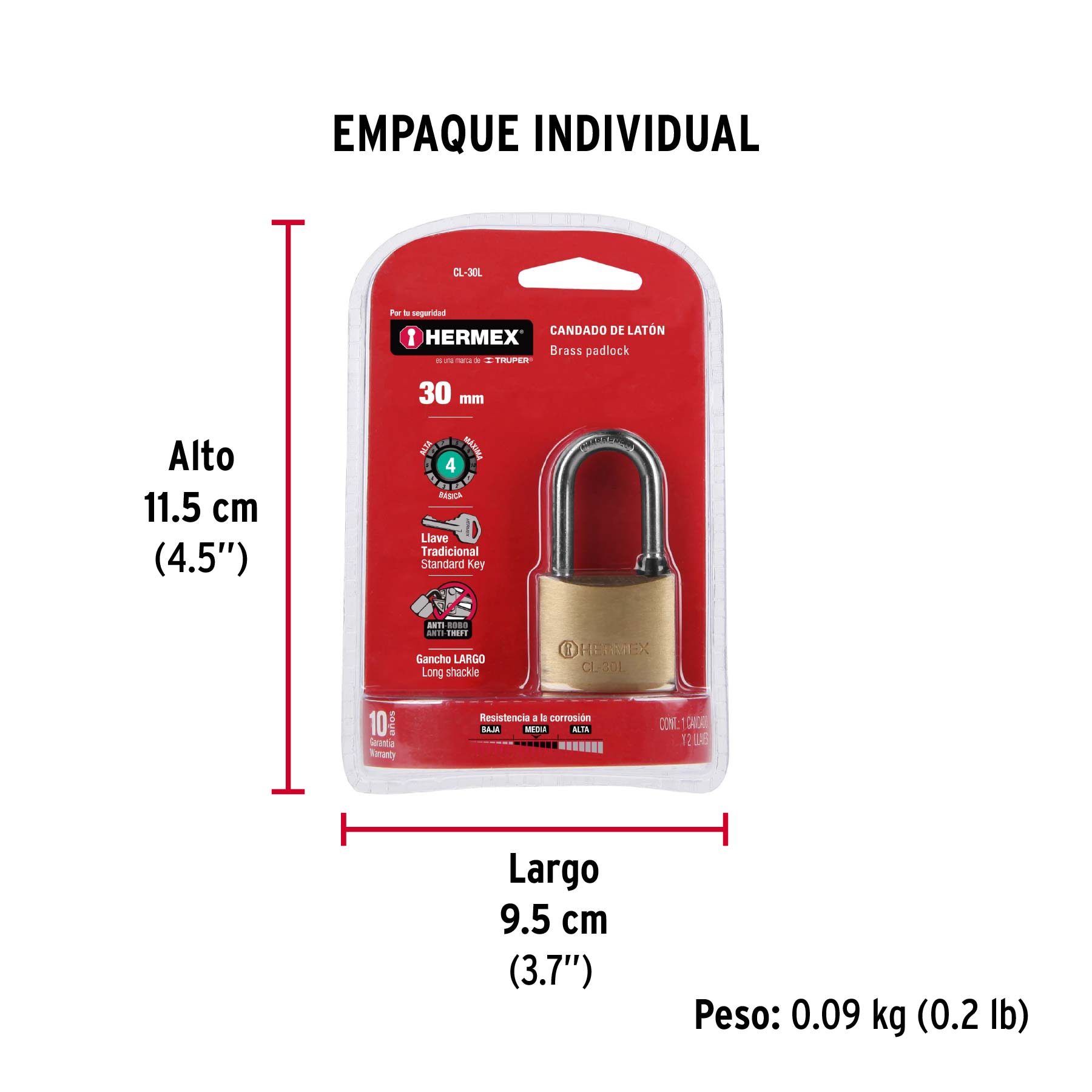 Candado de latón 30 mm gancho largo en blíster, HERMEX - Empaque