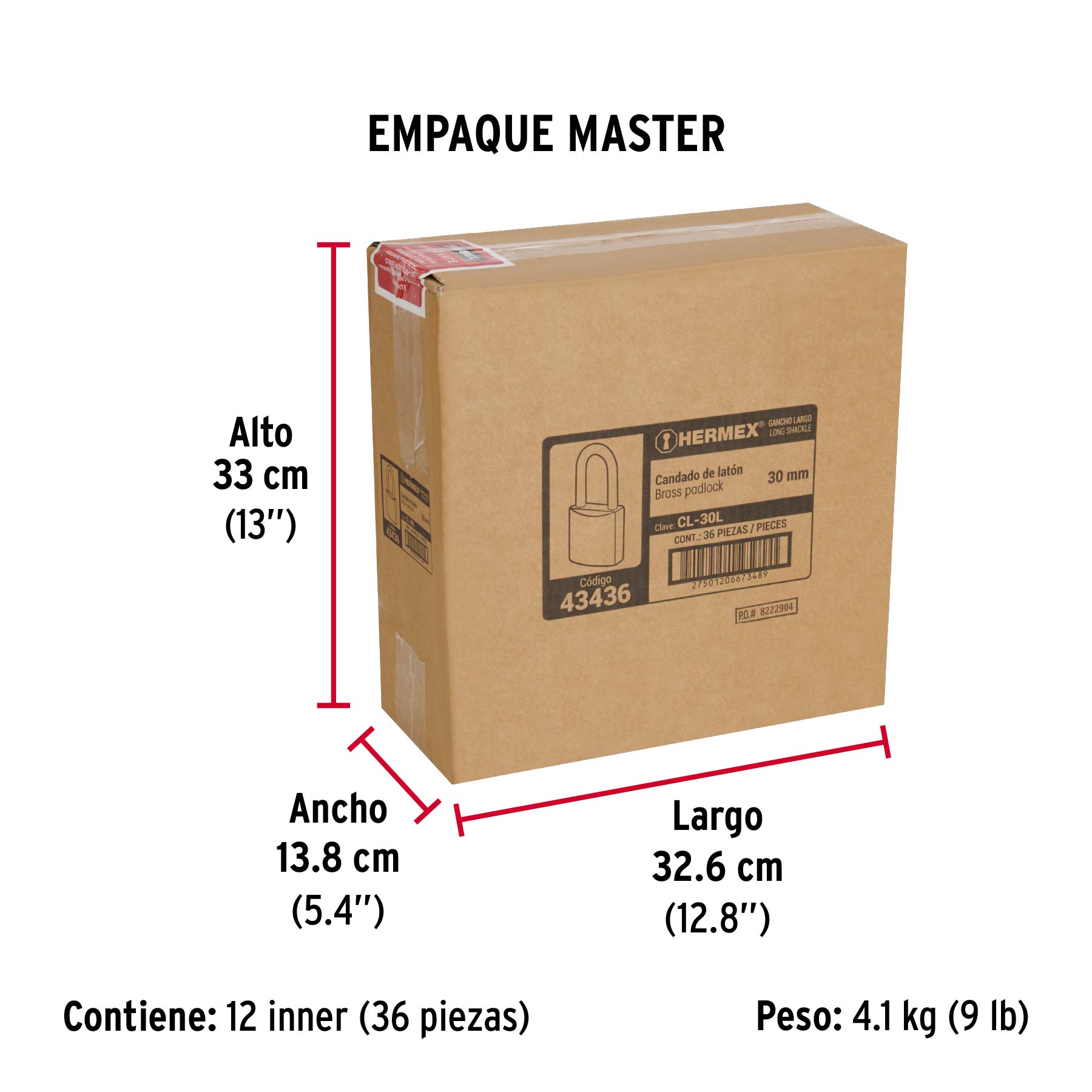 Candado de latón 30 mm gancho largo en blíster, HERMEX - Empaque