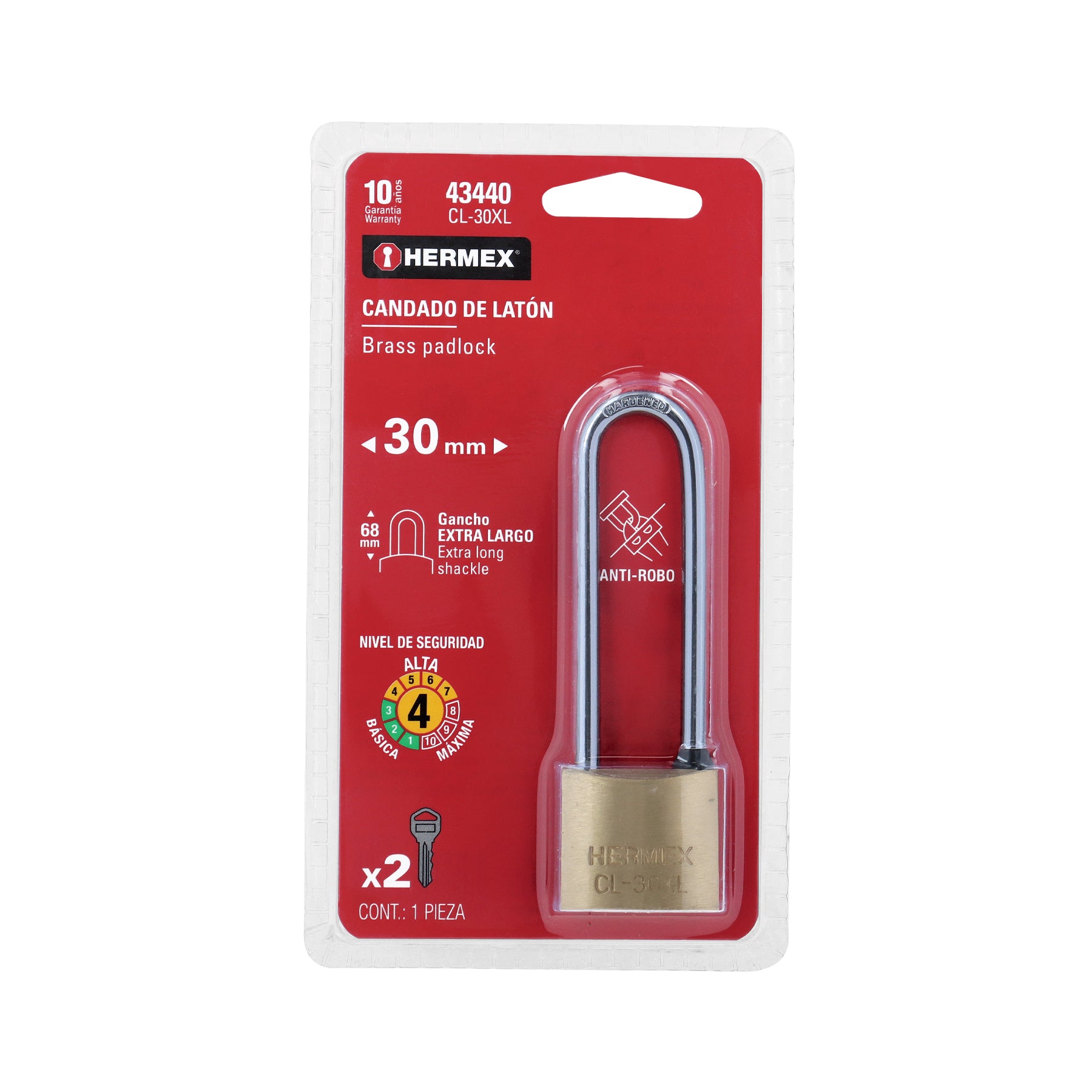 Candado de latón 30 mm gancho extra largo en blíster, HERMEX