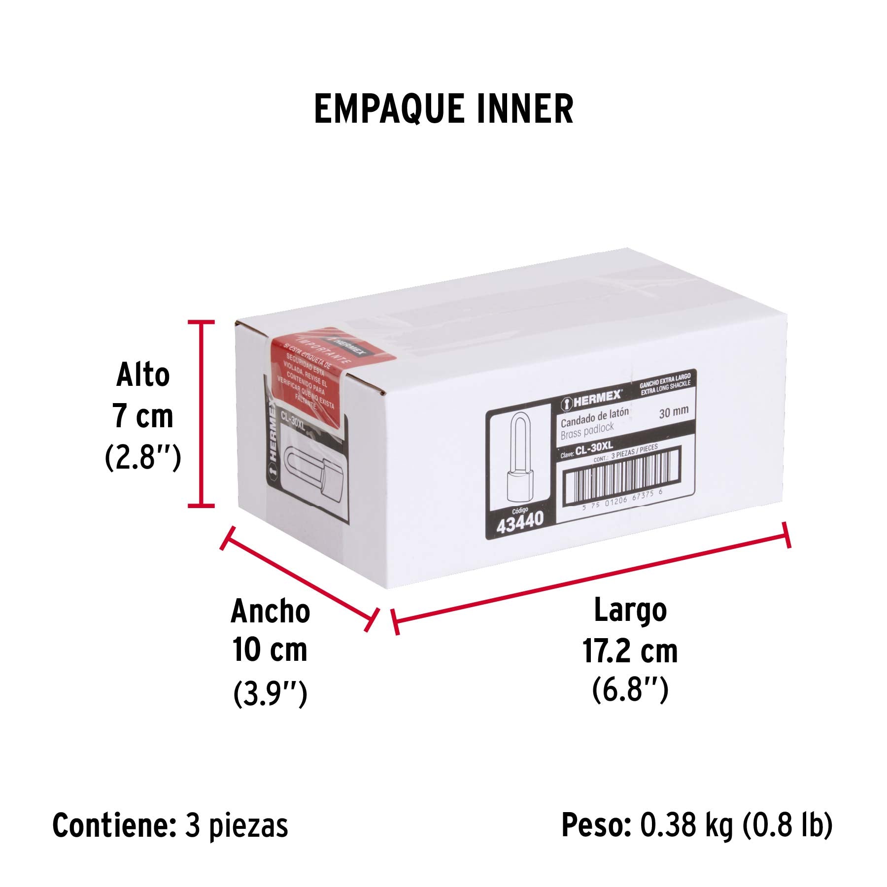 Candado de latón 30 mm gancho extra largo en blíster, HERMEX - Empaque