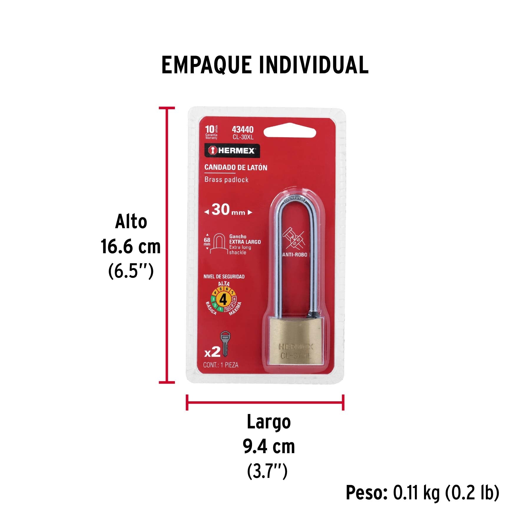 Candado de latón 30 mm gancho extra largo en blíster, HERMEX - Empaque
