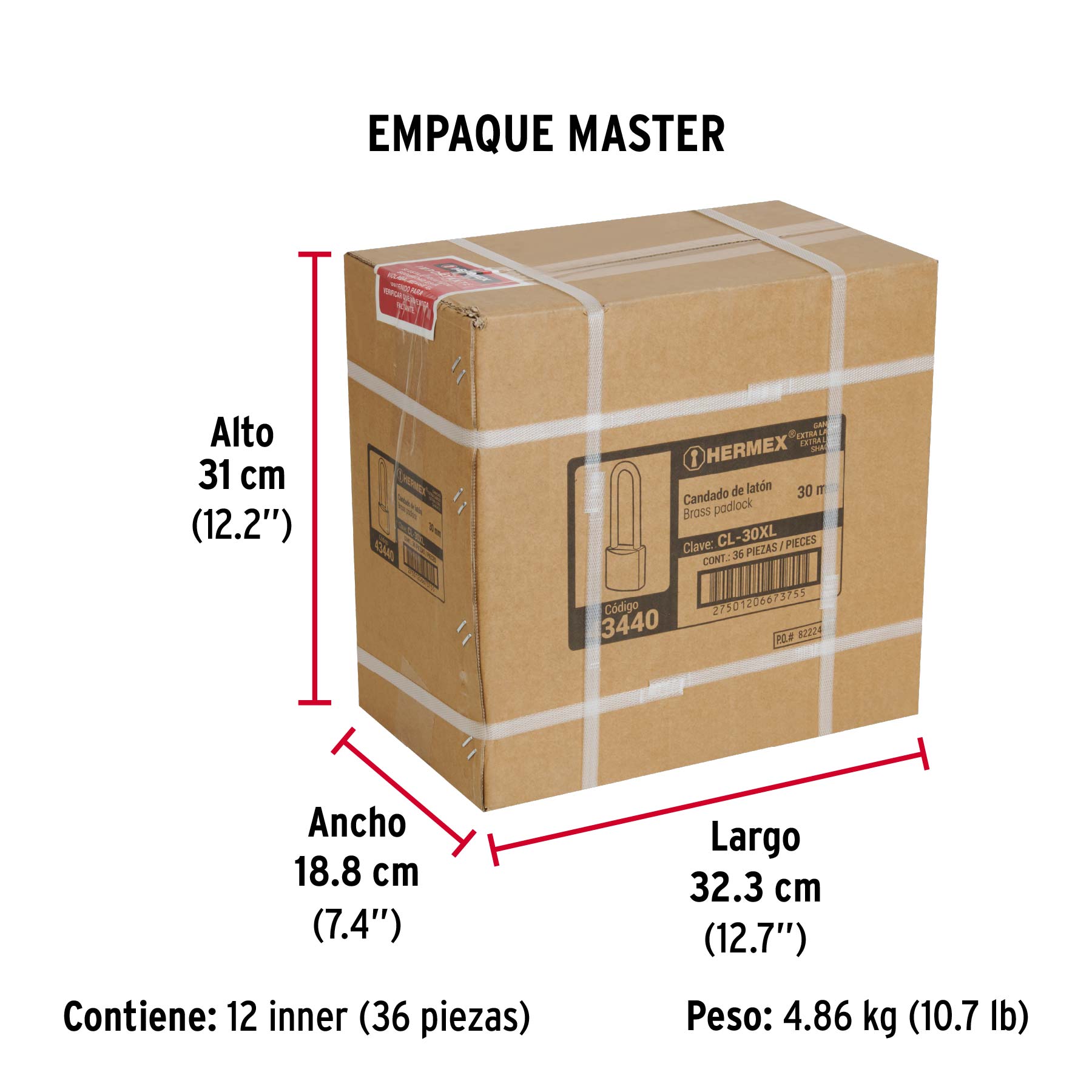 Candado de latón 30 mm gancho extra largo en blíster, HERMEX - Empaque