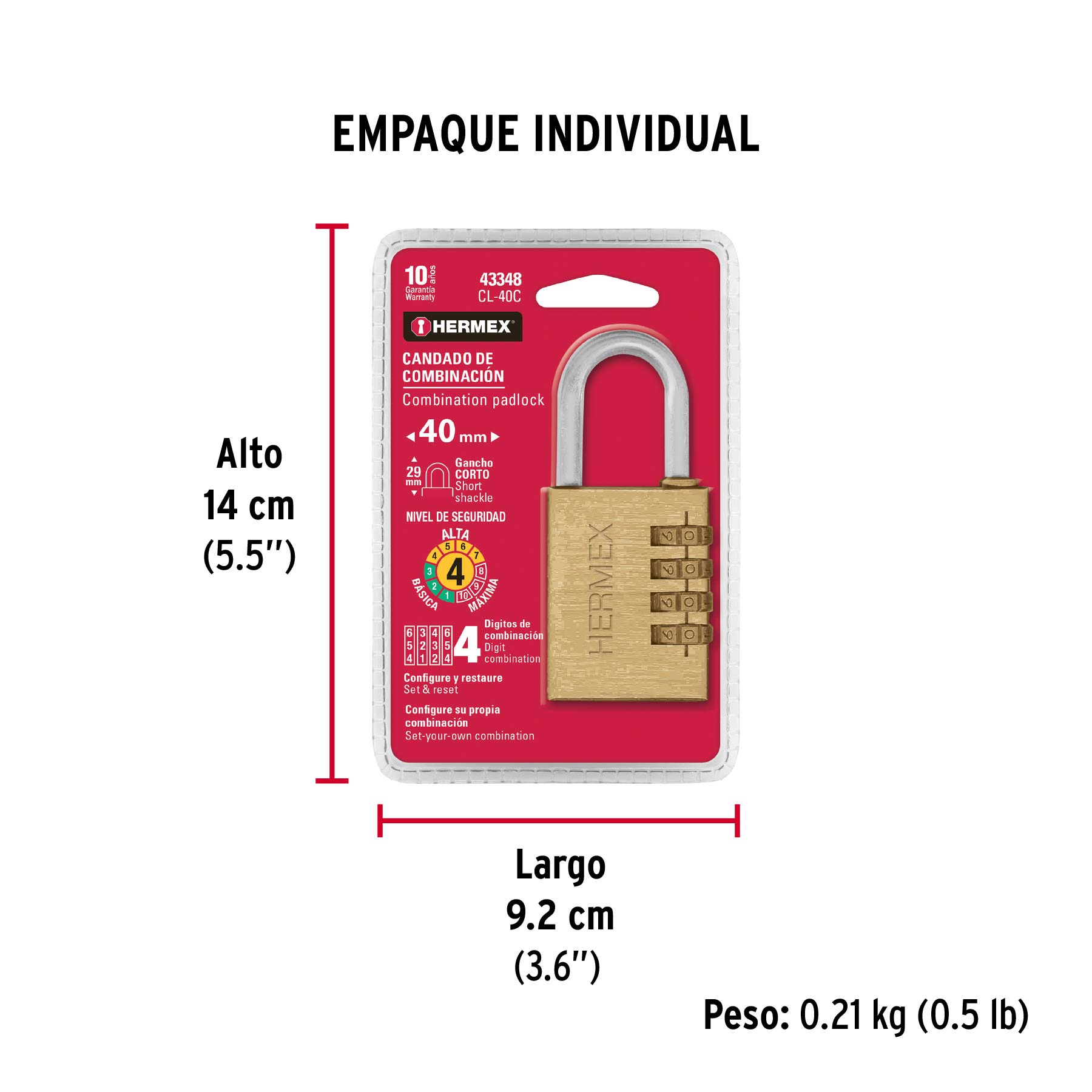 Candado de combinación 40 mm cuerpo de latón en blíster - Empaque