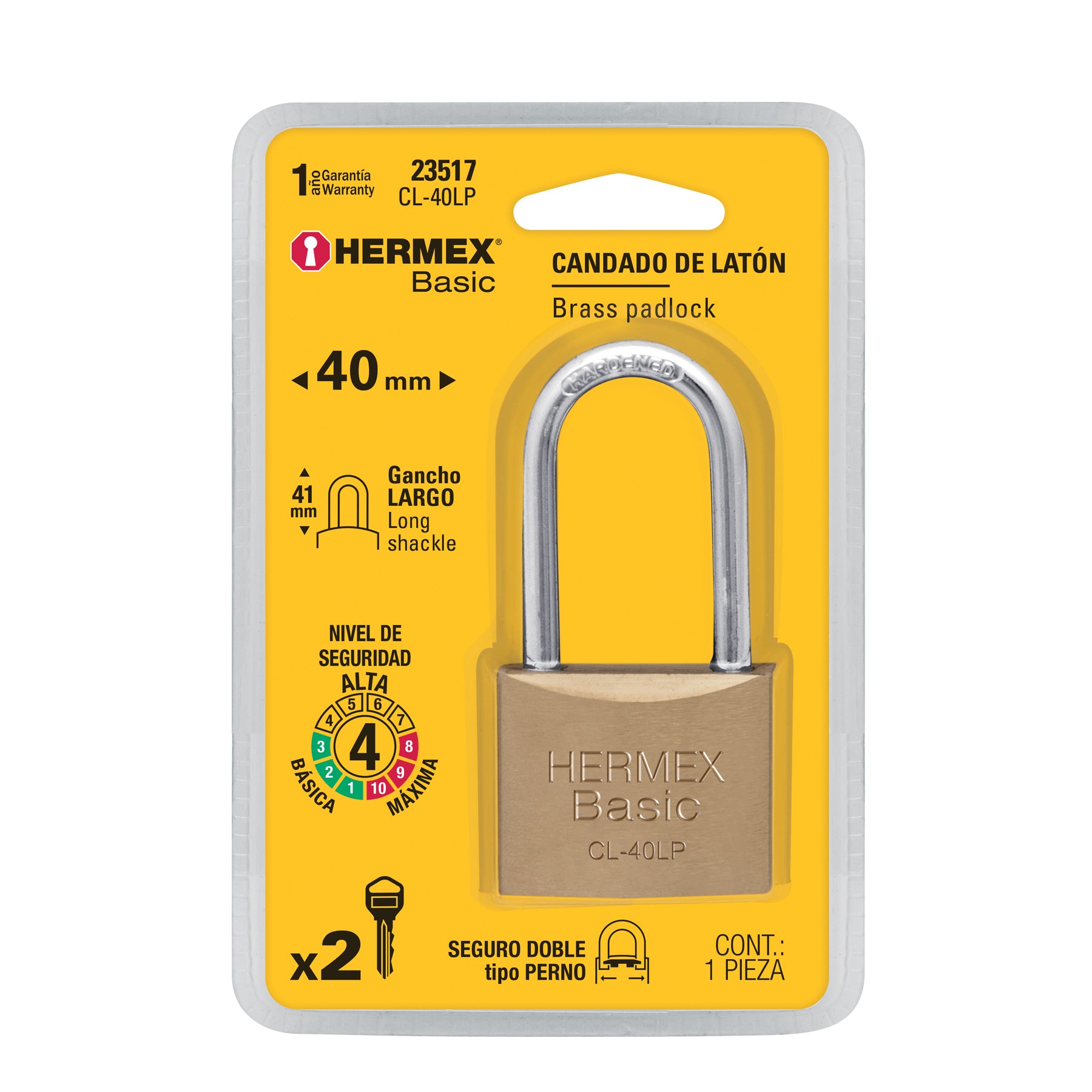 Candado de latón 40 mm gancho largo en blíster, HERMEX BASIC