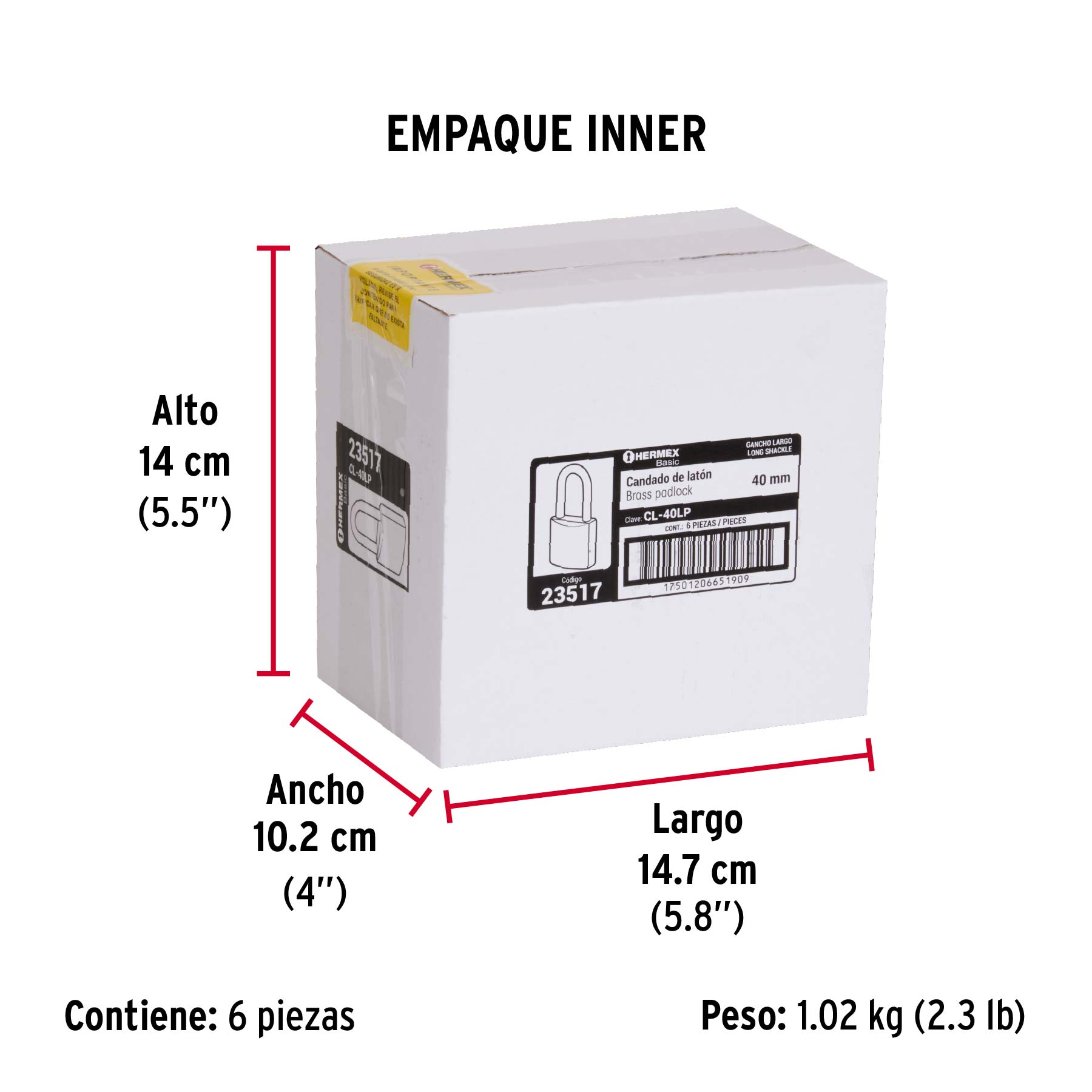 Candado de latón 40 mm gancho largo en blíster, HERMEX BASIC - Empaque