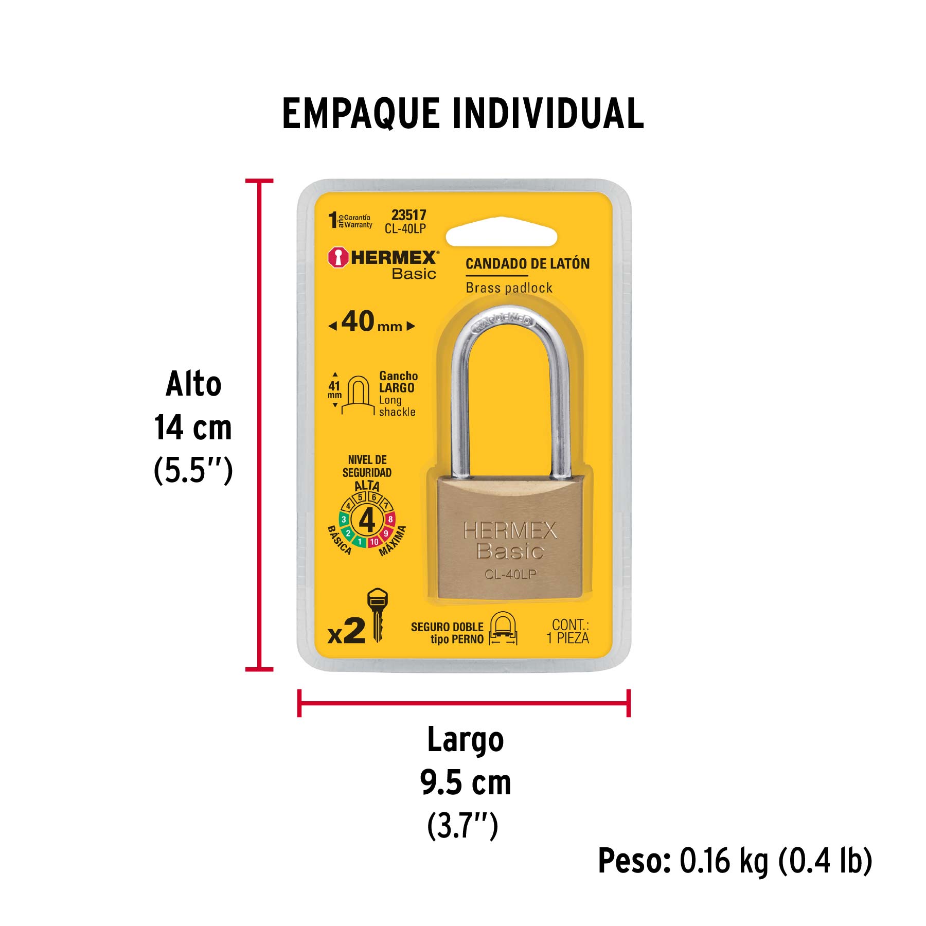 Candado de latón 40 mm gancho largo en blíster, HERMEX BASIC - Empaque