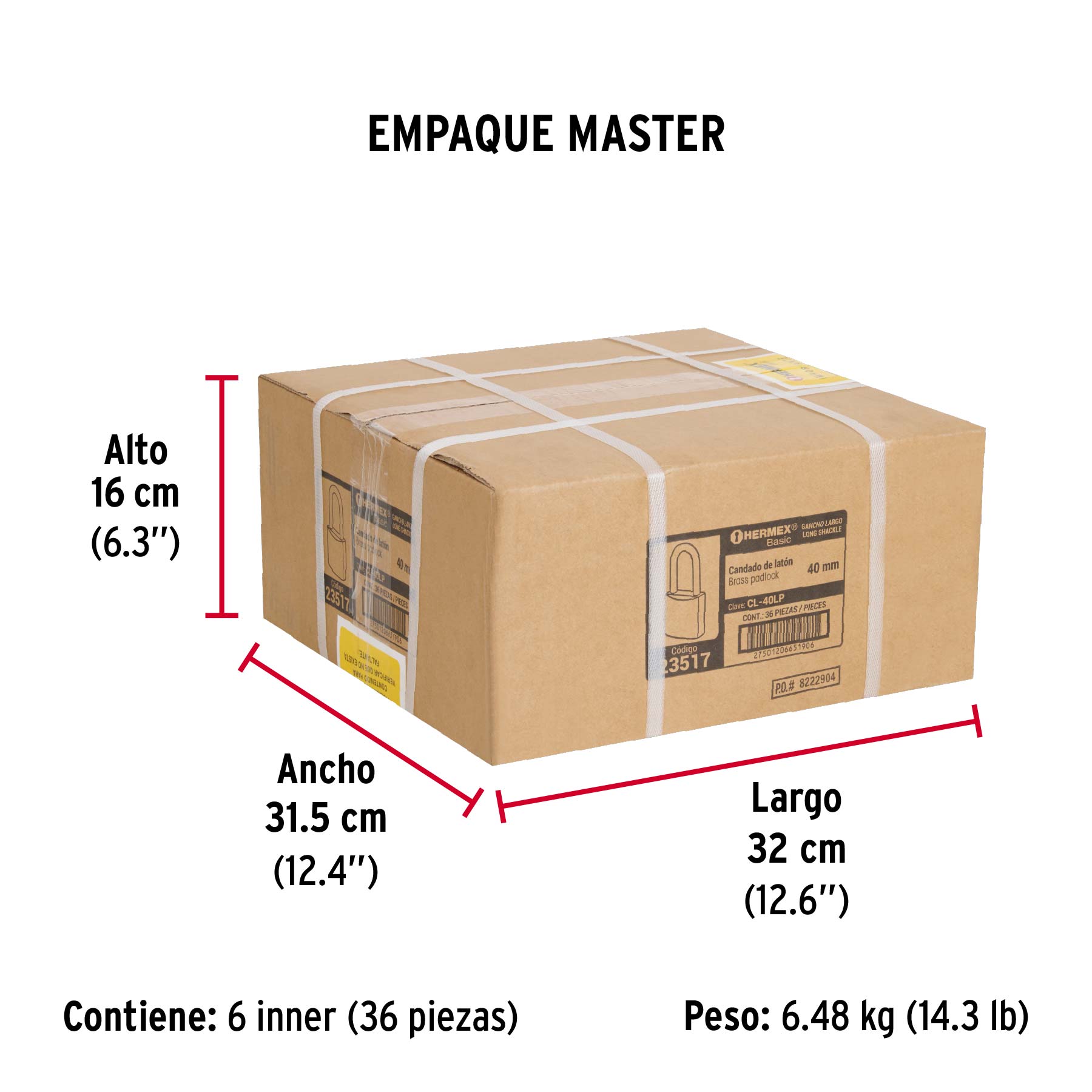 Candado de latón 40 mm gancho largo en blíster, HERMEX BASIC - Empaque