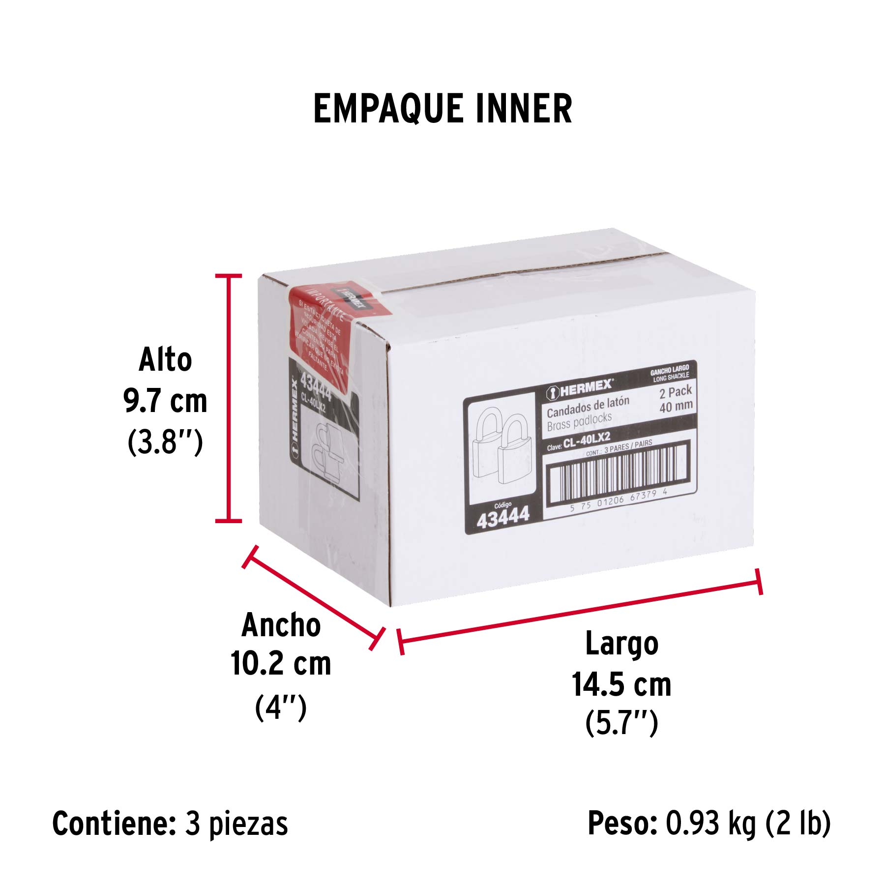 Blíster con 2 candados de latón de 40mm con gancho largo - Empaque