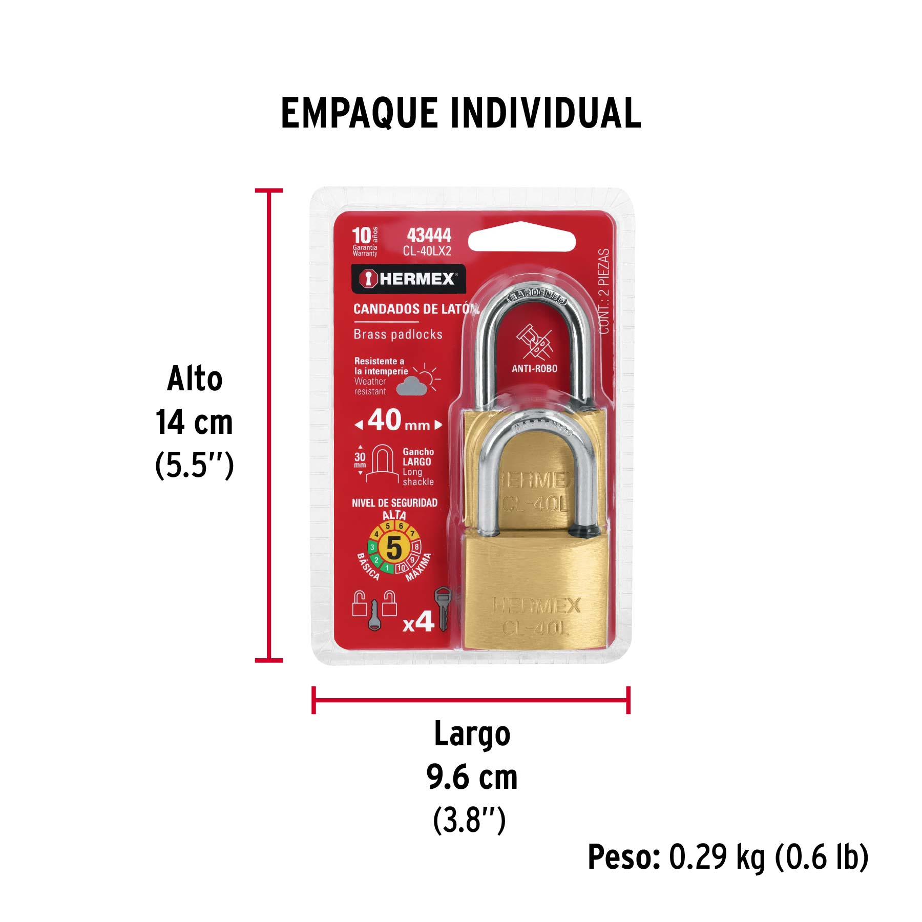 Blíster con 2 candados de latón de 40mm con gancho largo - Empaque