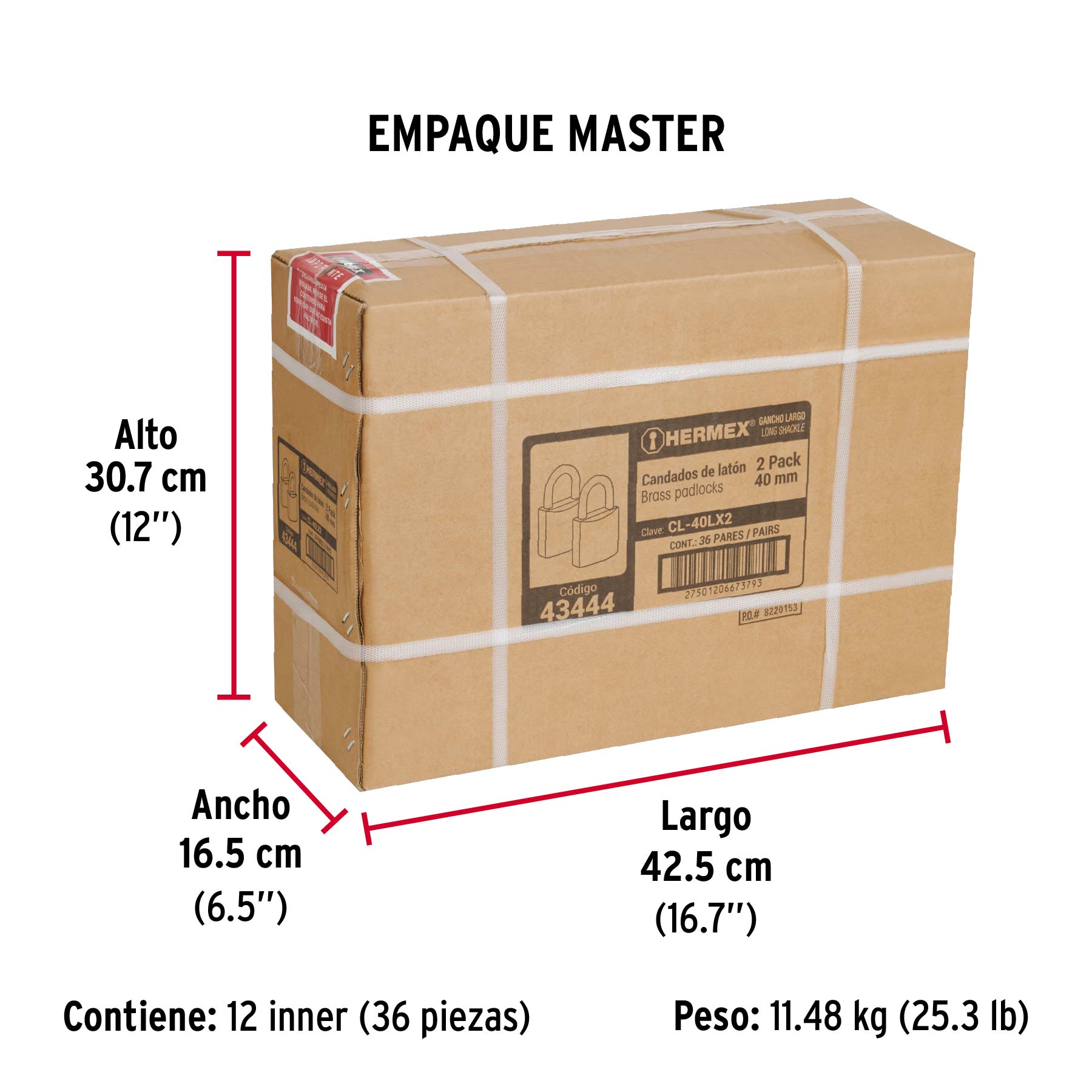 Blíster con 2 candados de latón de 40mm con gancho largo - Empaque