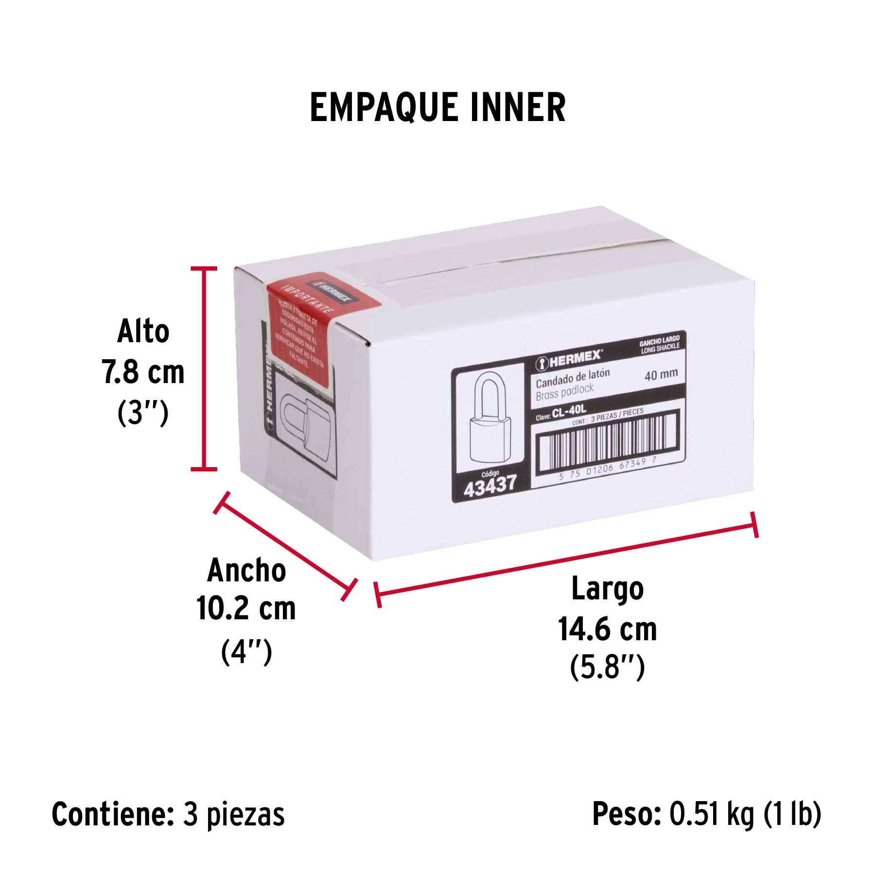 Candado de latón 40 mm gancho largo en blíster, HERMEX - Empaque