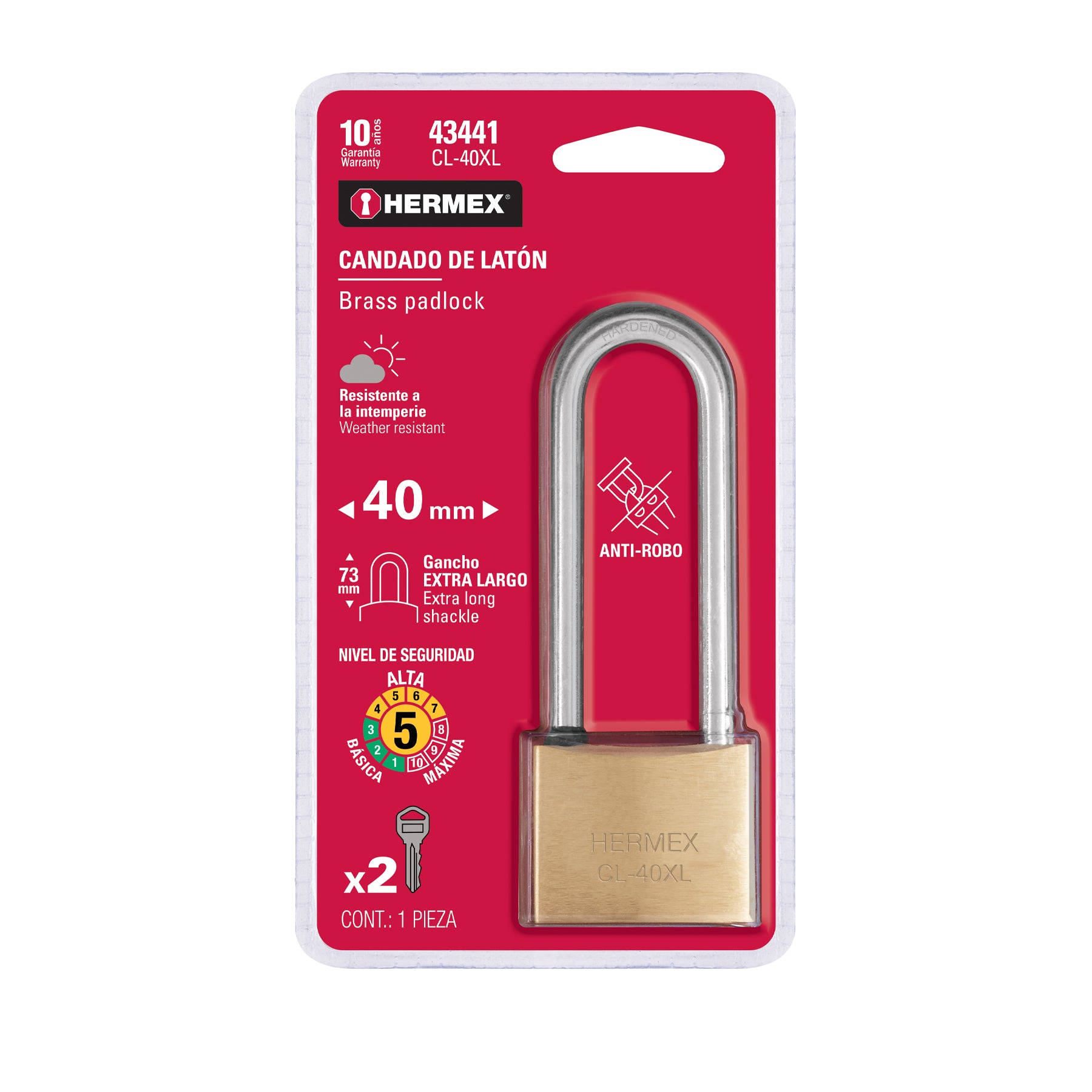 Candado de latón 40 mm gancho extra largo en blíster, HERMEX